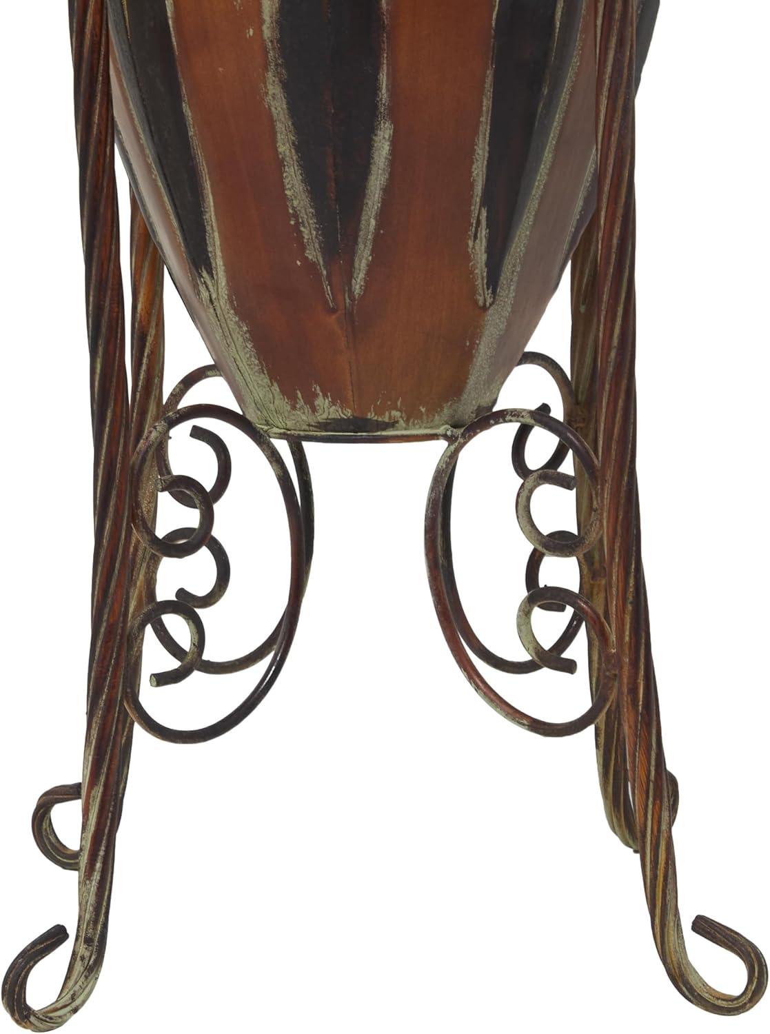 DecMode 27" Tall Brown Metal Vase with Attached Metal Stand and Intricate Design