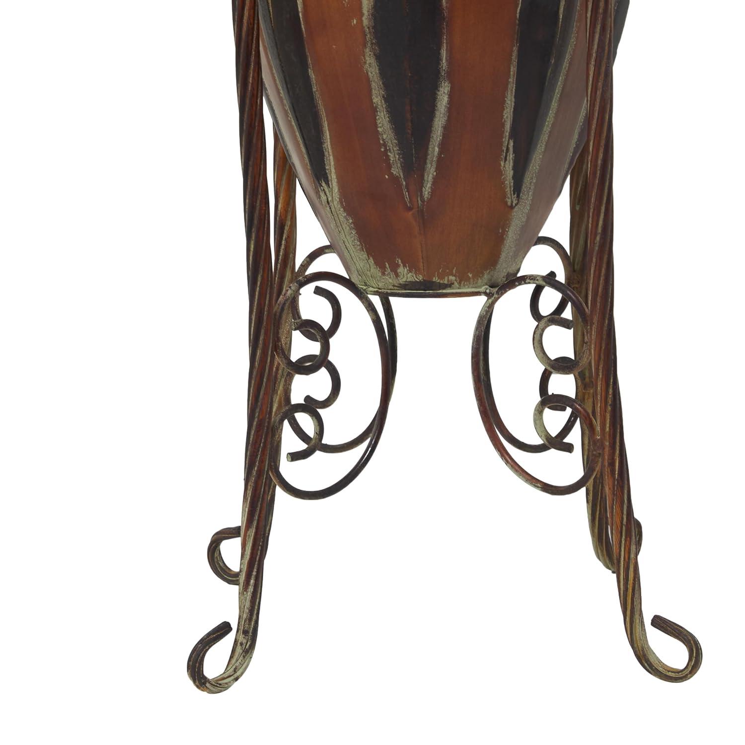 DecMode 27" Tall Brown Metal Vase with Attached Metal Stand and Intricate Design