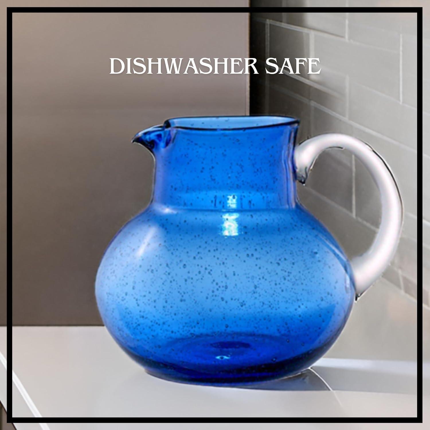 Artland Iris 90 Oz Handblown Glass Pitcher, Bubble Shape, Lead-Free, Versatile Drink Dispenser for Water, Cocktails, Dishwasher Safe - Cobalt Blue