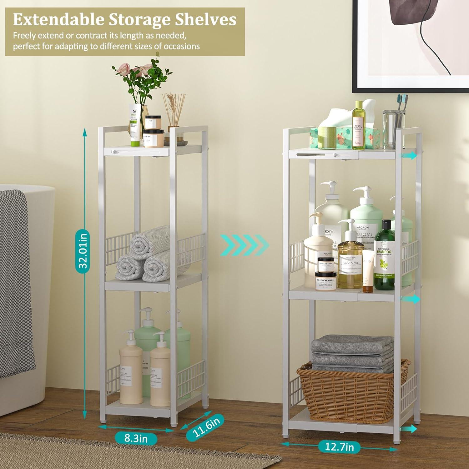 Expandable Slim Storage Shelf, 3 Tier Metal Shelving Unit for Bathroom Storage Organizer, Free-Standing Narrow Shelf, Open Floor Shelves for Small Spaces,Laundry,Bathroom,Kitchen, White