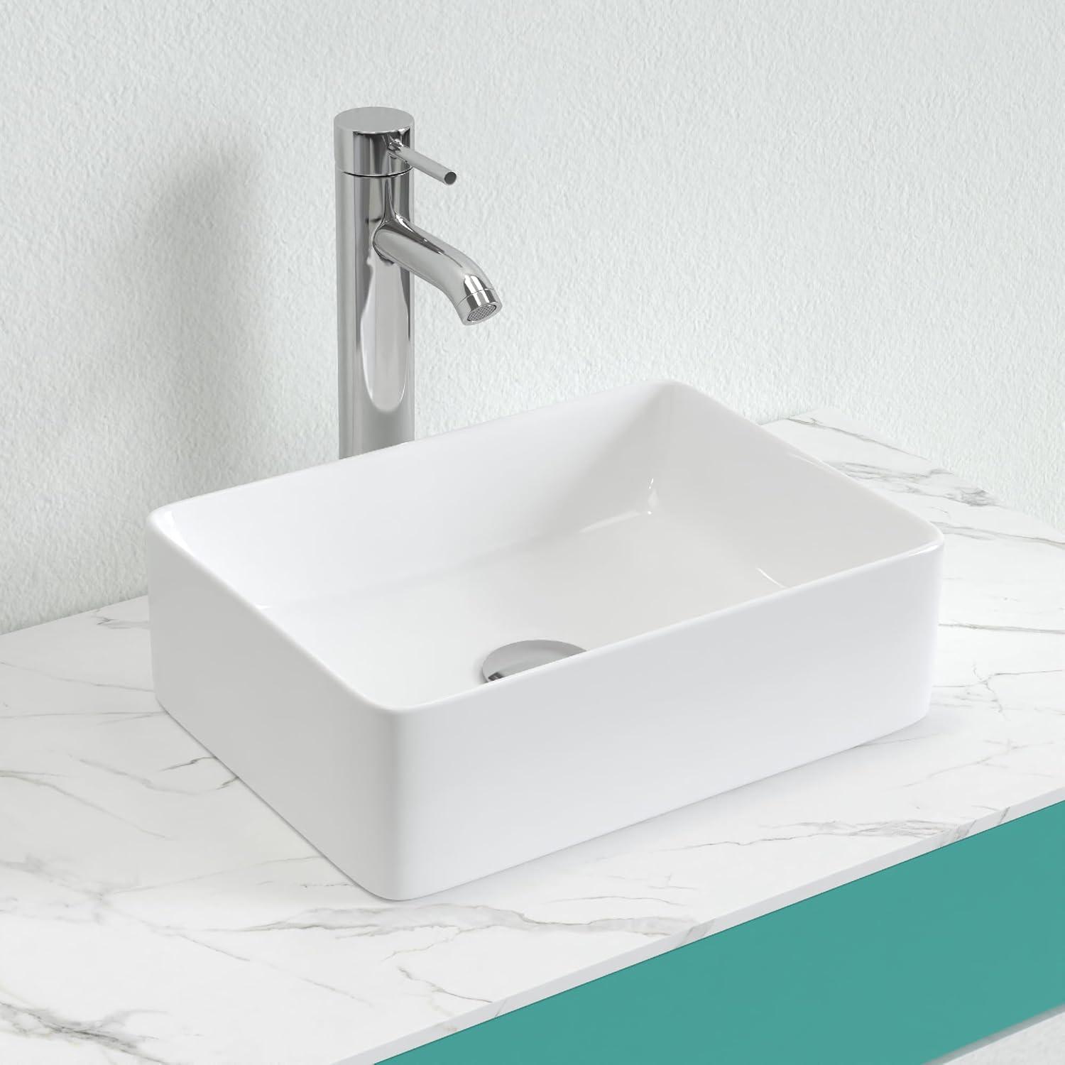 J-FAMILY 14.5'' x 10.6'' Bathroom Small Vessel Sink Above Counter White Porcelain Ceramic Sink Bowl Vanity Sink Lavatory Rectangular Wash Hand Basin