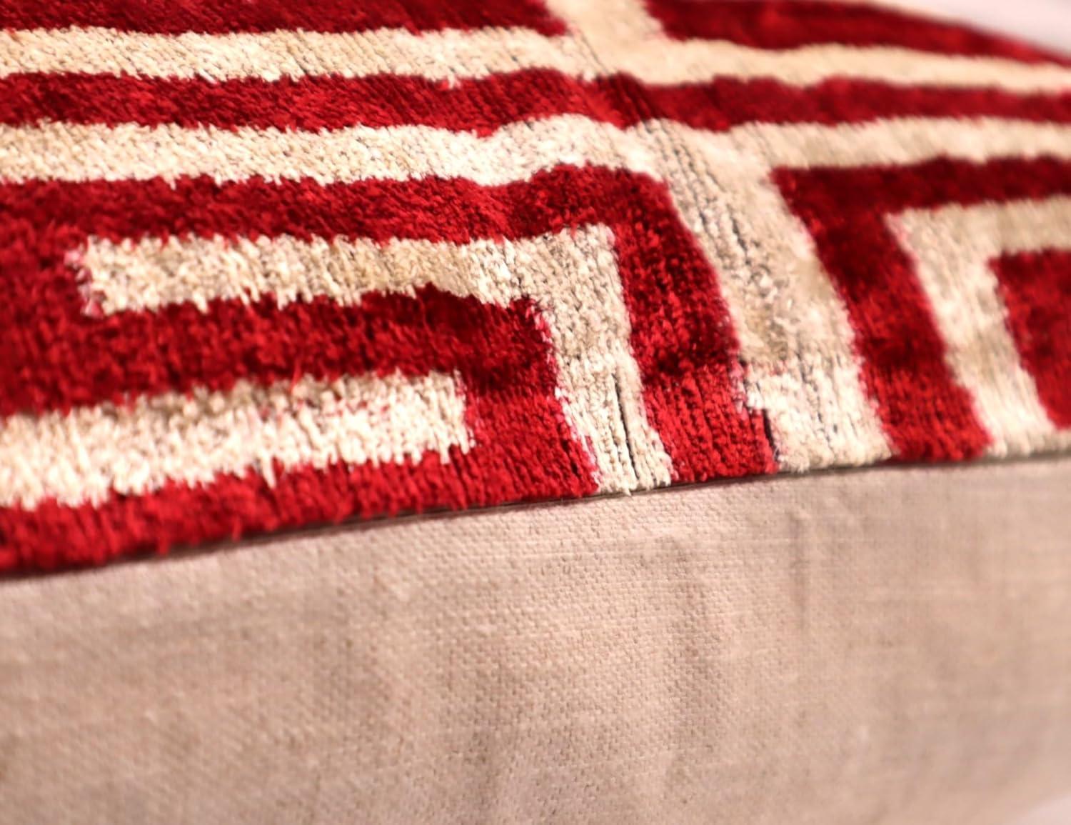 Handmade Luxury Velvet Throw Pillow with Down Feather Insert, 16"x24", Red, Green, Blue, and Cream Geometric Pattern, Decorative Cushion for Living Room, Bedroom, and Home Décor