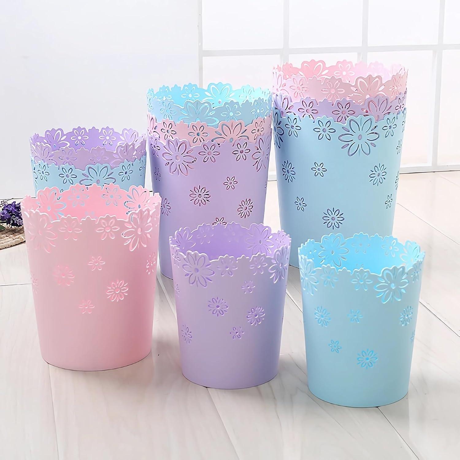 Blue and Pink Floral Pattern Plastic Wastebasket