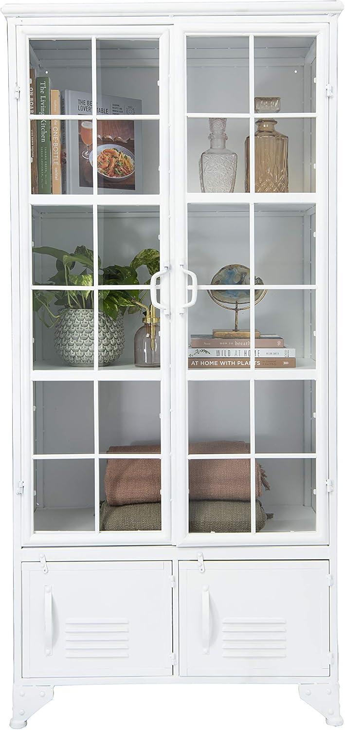 White Metal Freestanding Cabinet with Glass Doors and Shelves