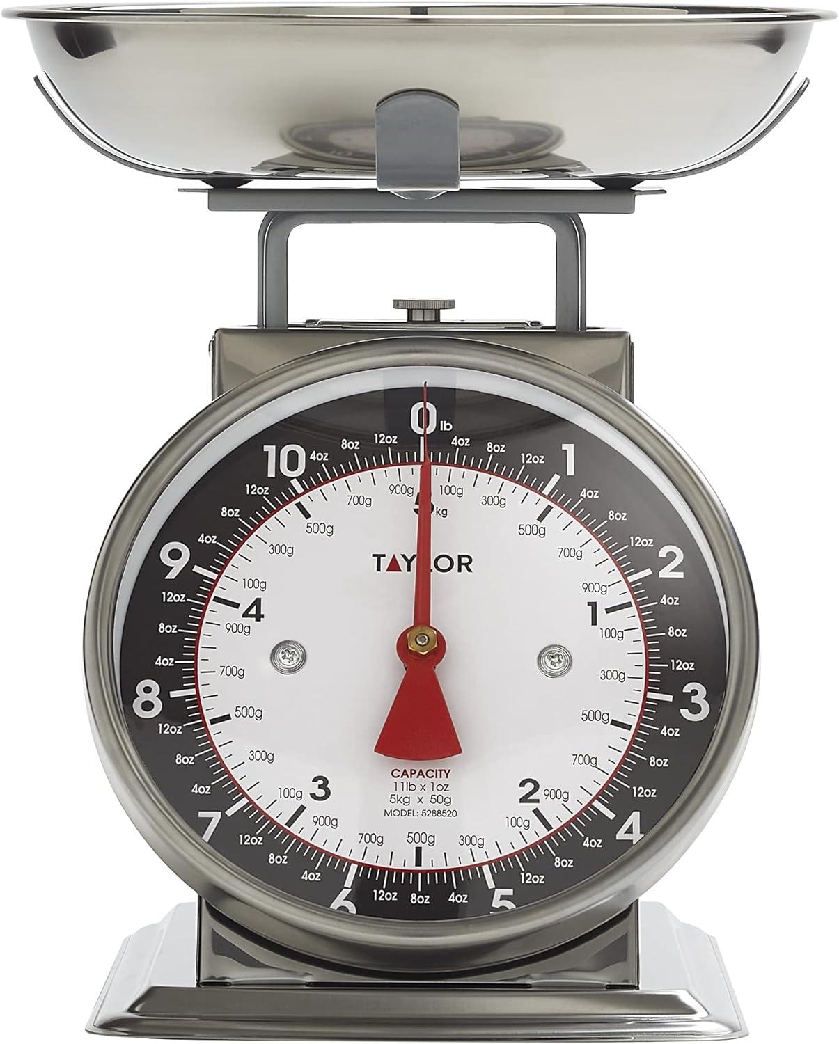 Taylor Modern Mechanical Kitchen Weighing Food Scale Weighs up to 11lbs, Measures in Grams and Ounces, Black and Silver