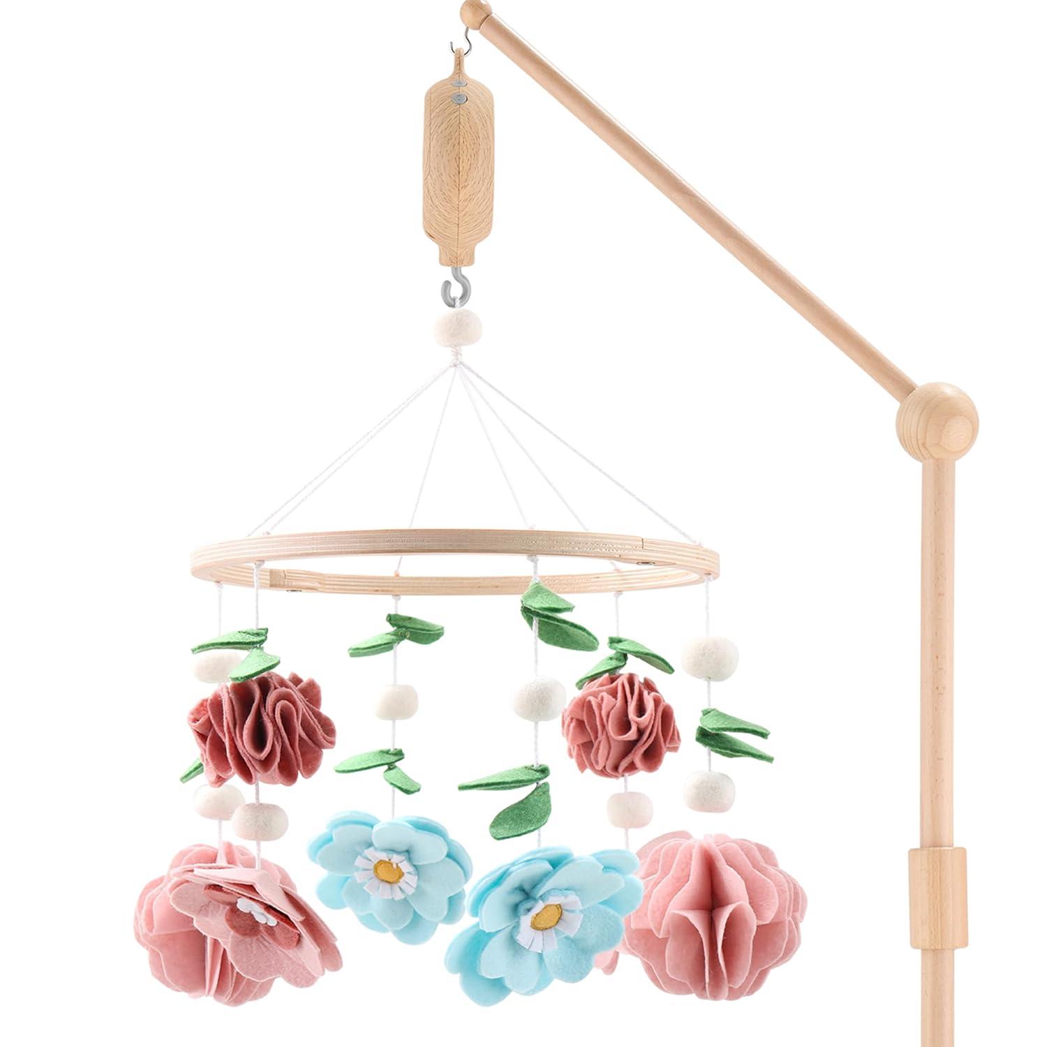 The Peanutshell Deluxe Wooden Crib Mobile Set with Arm, Music Box and Wildflower Baby Mobile, Pink