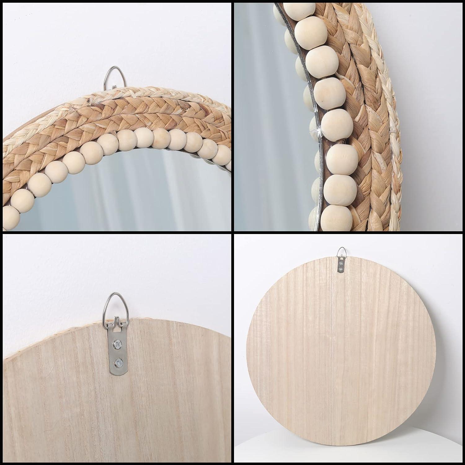 Boho Round Rattan and Wood Bead Wall Mirror, 15 Inch