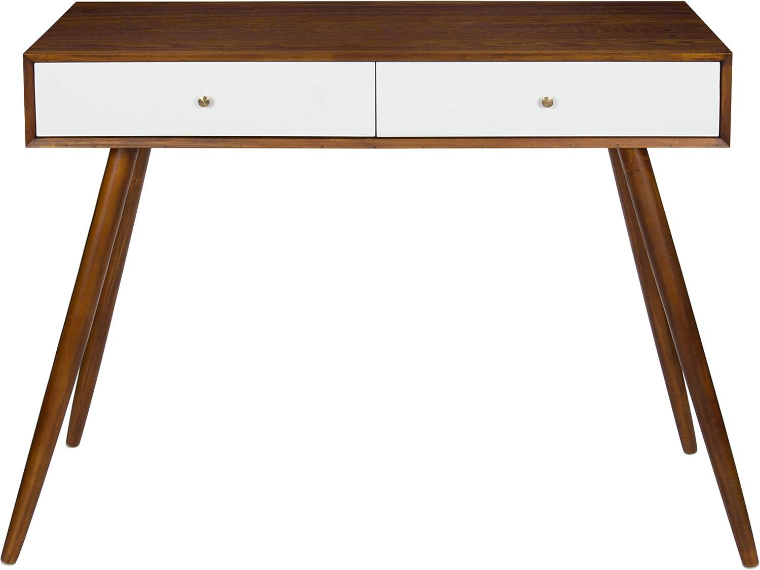 Kate and Laurel Finco Midcentury Modern Style 2 Drawer Console Table, Walnut Brown and White Finish with Brass Hardware