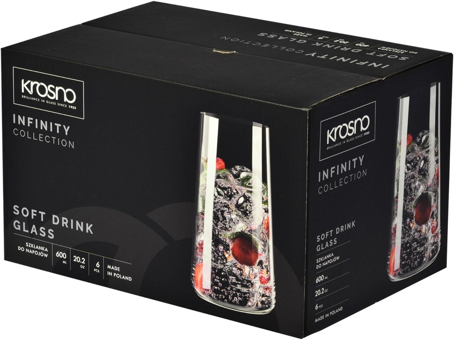 Krosno Water Glasses, Set of 6, Capacity 20 fl oz, Infinity Collection, Thin Highball Glasses,Clear Tall Glass Cups For Water, Juice, Drinks, and Cocktails, Dishwasher Safe, Made in Europe