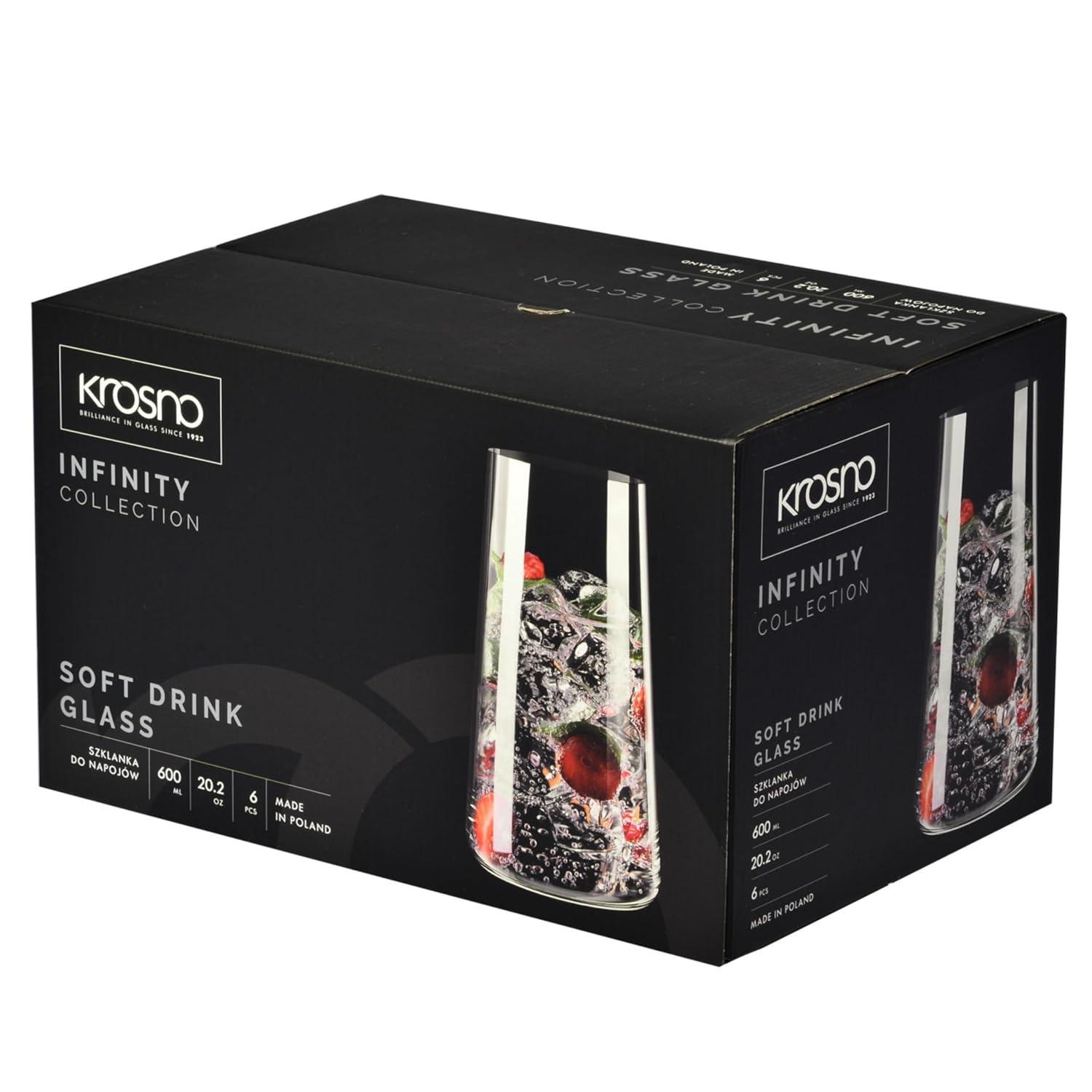 Krosno Water Glasses, Set of 6, Capacity 20 fl oz, Infinity Collection, Thin Highball Glasses,Clear Tall Glass Cups For Water, Juice, Drinks, and Cocktails, Dishwasher Safe, Made in Europe