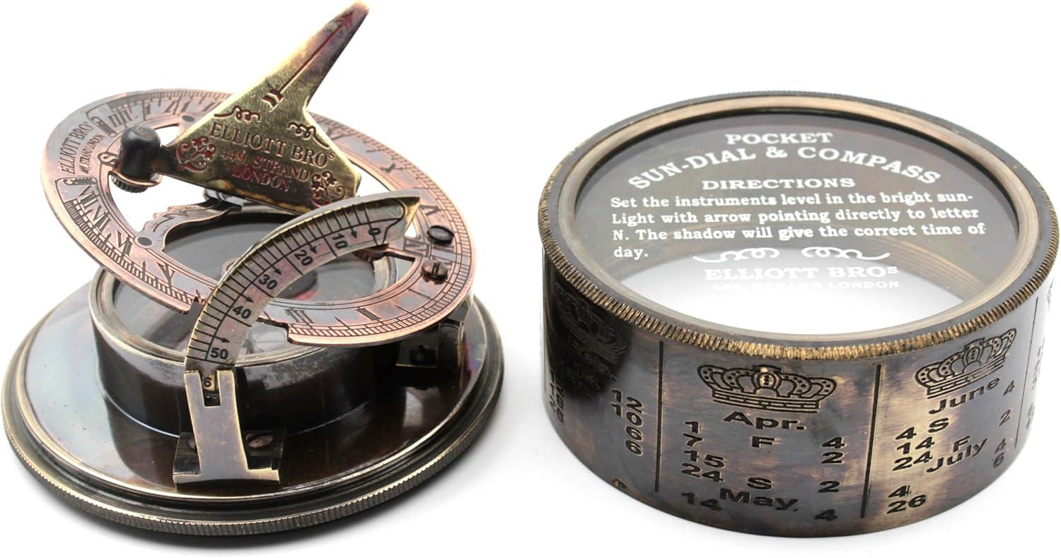 Vintage Brass Sundial Compass with Leather Case | Antique Marine Navigation Instrument & Engraved Calendar | Retro Pocket Compass for Outdoor Adventure, Collectors & Gifts