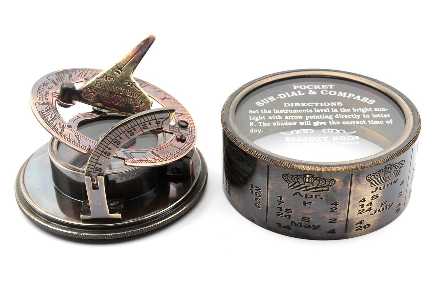 Vintage Brass Sundial Compass with Leather Case | Antique Marine Navigation Instrument & Engraved Calendar | Retro Pocket Compass for Outdoor Adventure, Collectors & Gifts