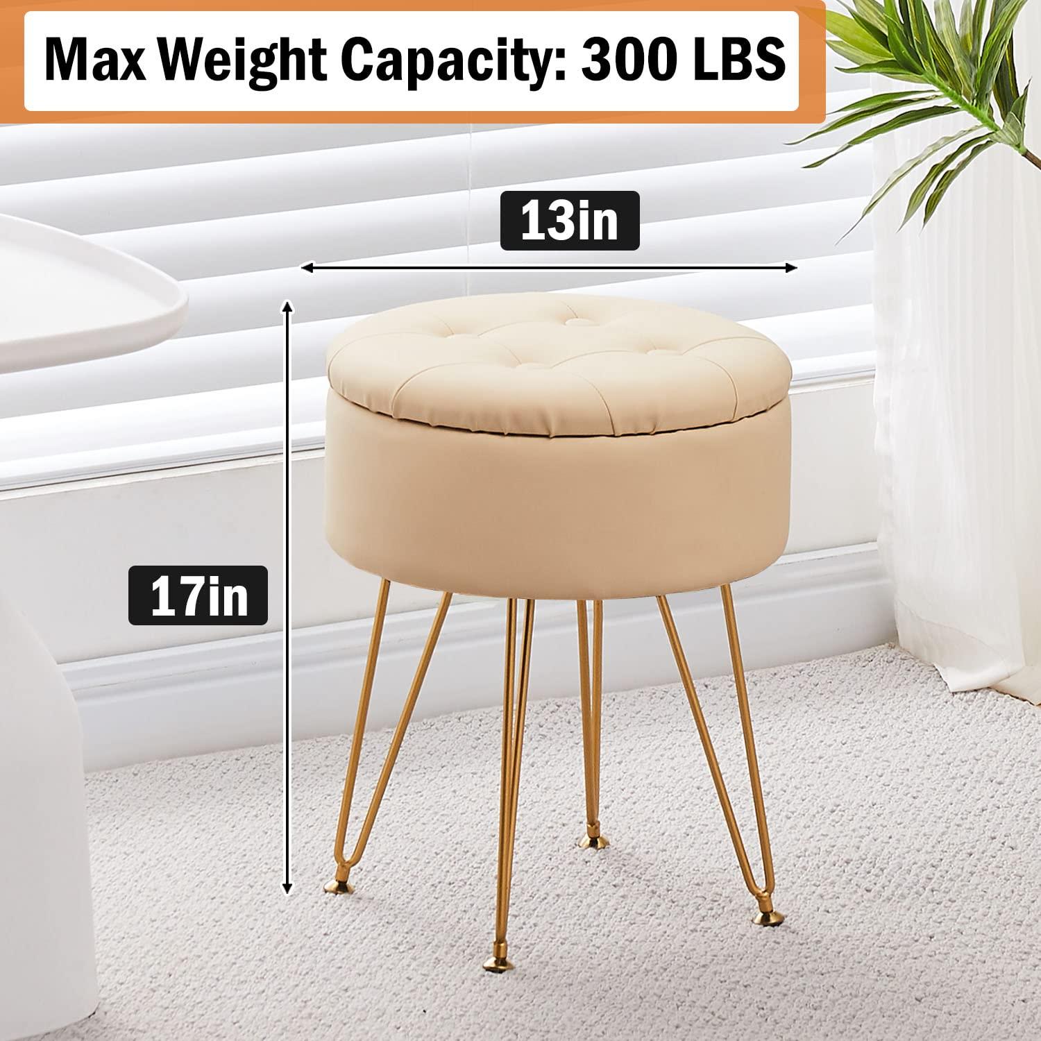 Cpintltr Storage Ottoman Oil Wax Faux Leather Round Footrest Stool Multifunctional Upholstered Ottoman with Metal Legs Modern Vanity Stools Tray Top Coffee Table for Living Room Bedroom White