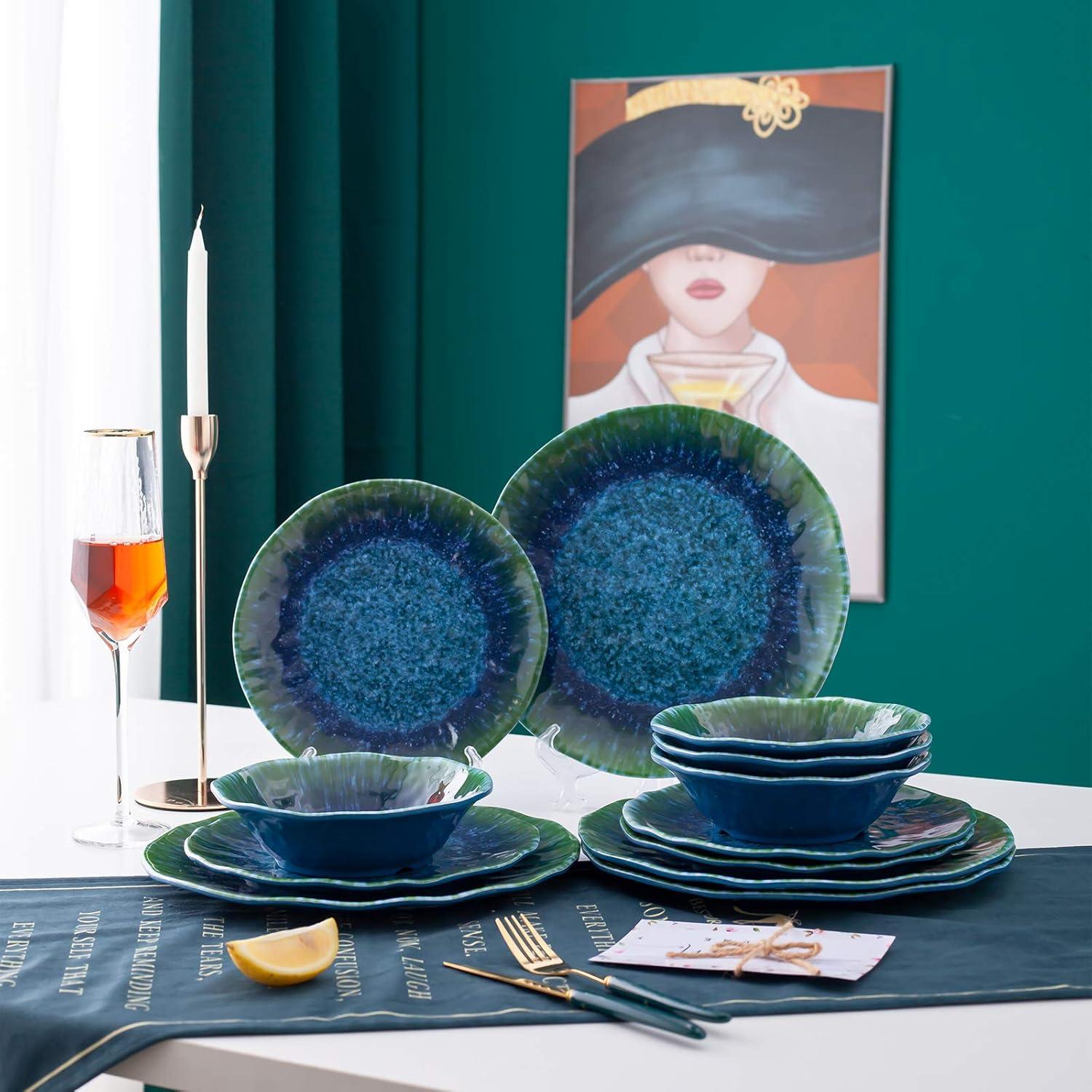 Melamine Dinnerware Set 12 PCS Teal Turquoise Tableware Plates Bowls Blue Green Dishwasher Safe Not Microware Not Oven