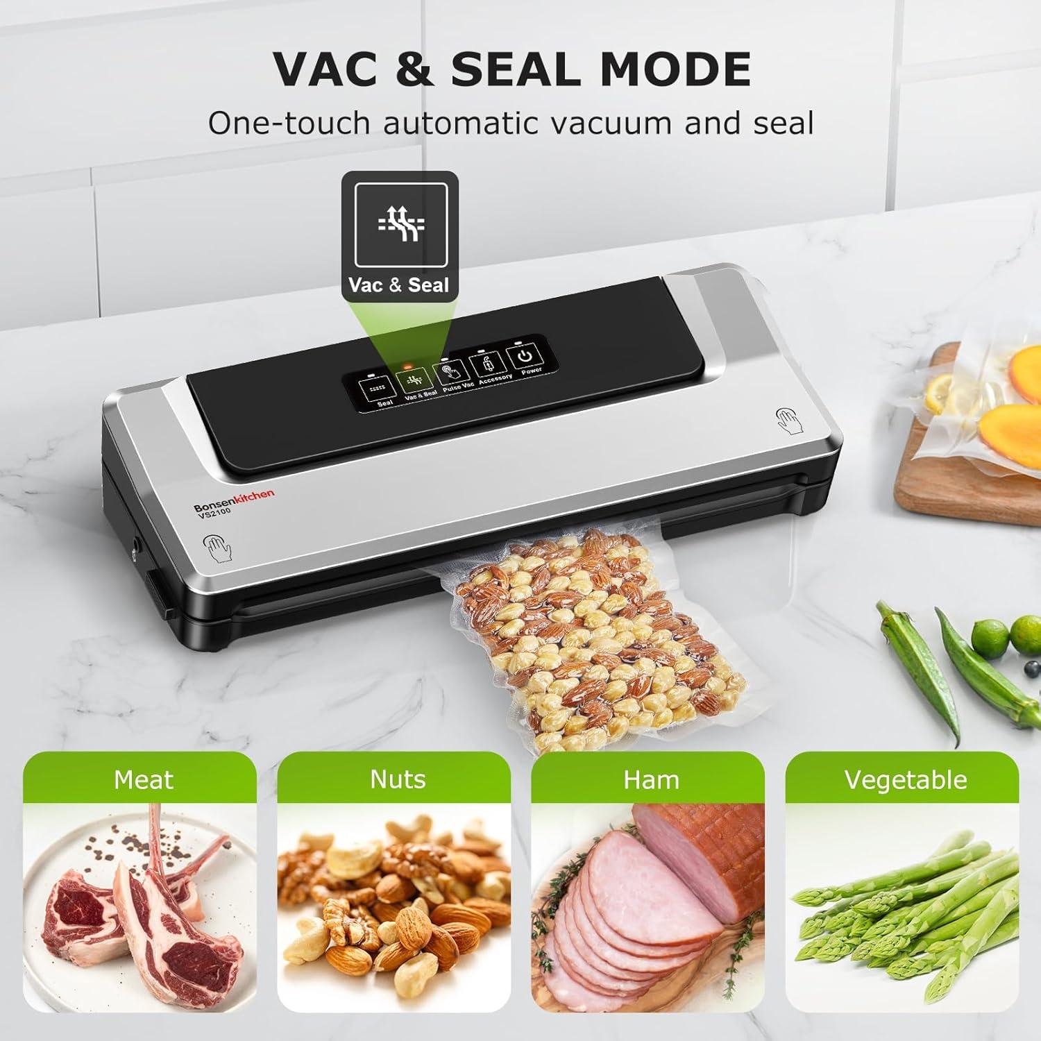Bonsenkitchen Multi-Functional Food Vacuum Sealer with Globefish Technology for High-Speed Continuous Working, Vacuum Bags & Accessory Hose, Black