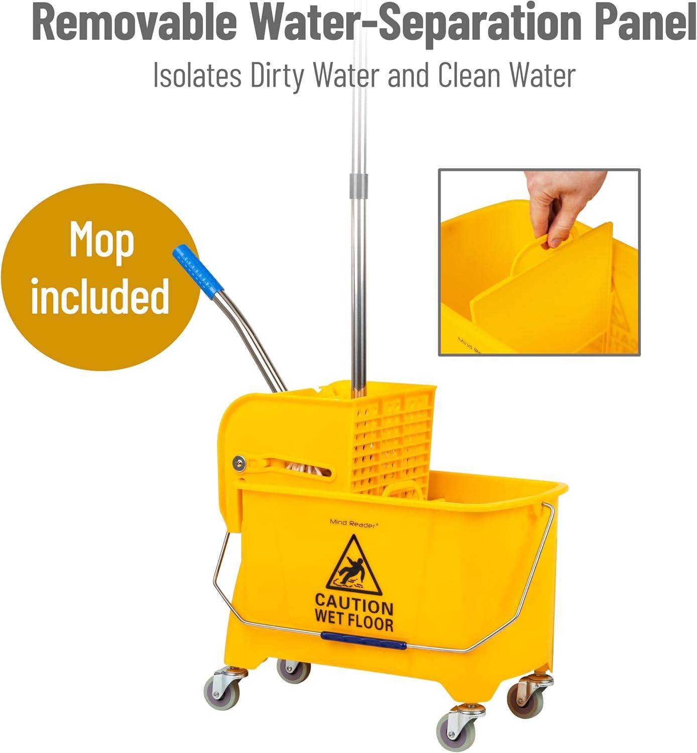 Mind Reader Bucket with Wringer and Mop Set, 22 Qt (5.5 Gallon), Floor Cleaning, Wheels, 16.25"L x 10.75"W x 24.5"H, Yellow