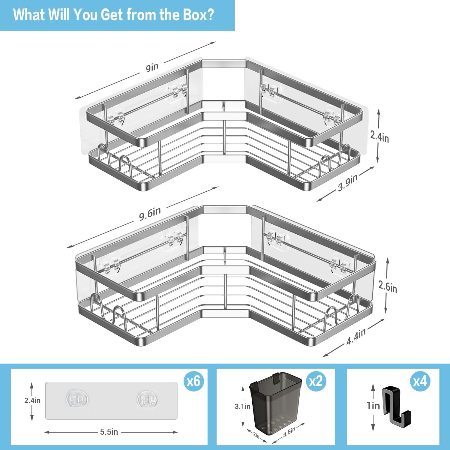 Corner Shower Caddy 2 Pack Organizer Shelves No Drilling Stainless Steel with Hooks&Toothpaste Holder