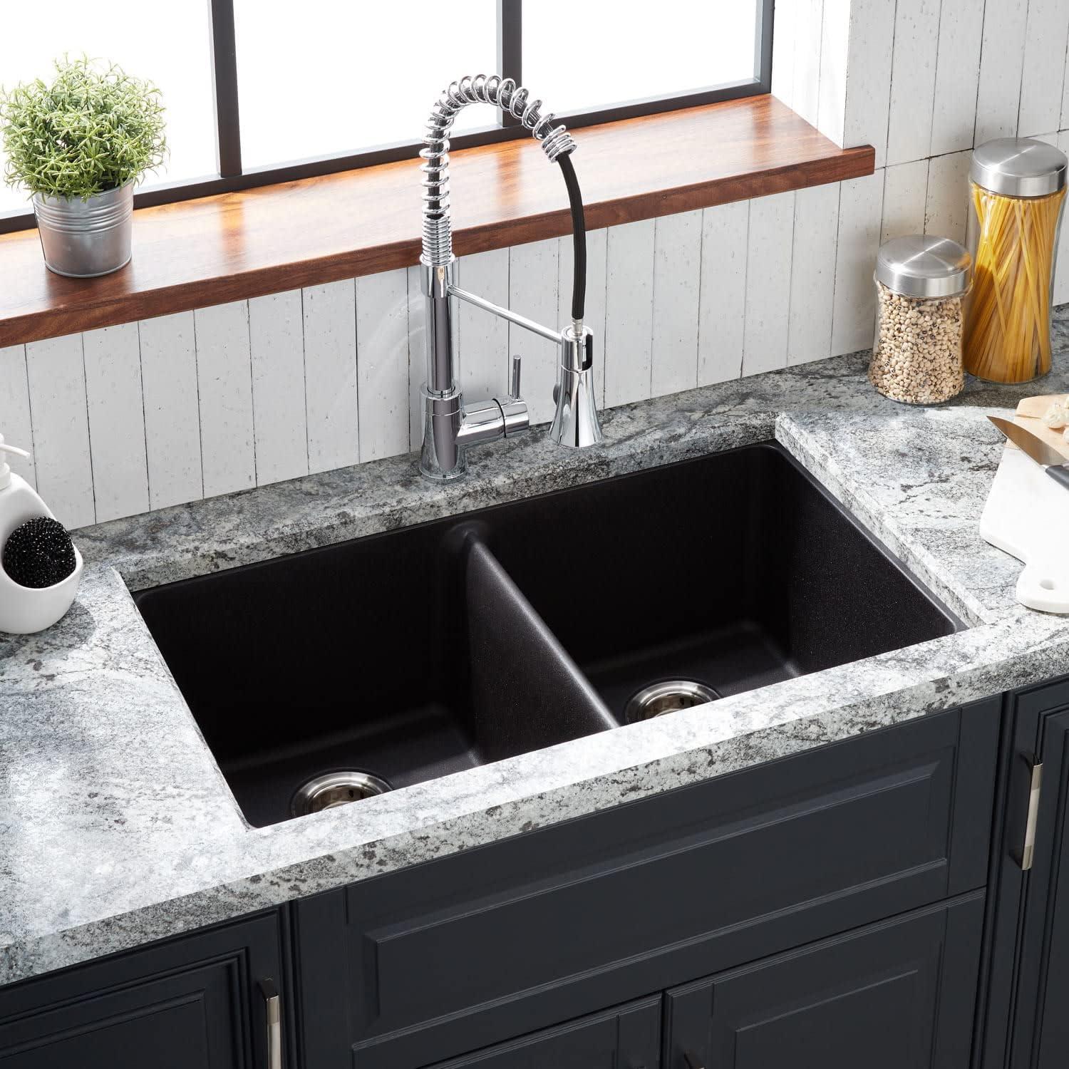 Totten 33" Black Granite Composite Double Bowl Undermount Sink