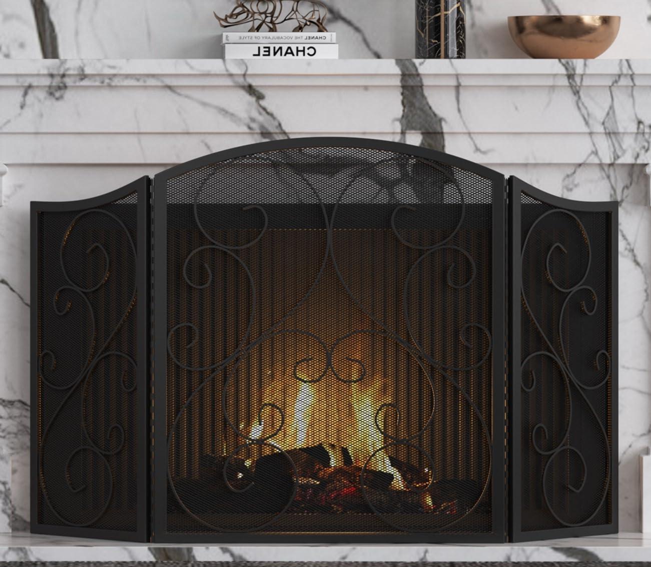 Classic Black Wrought Iron 3-Panel Fireplace Screen