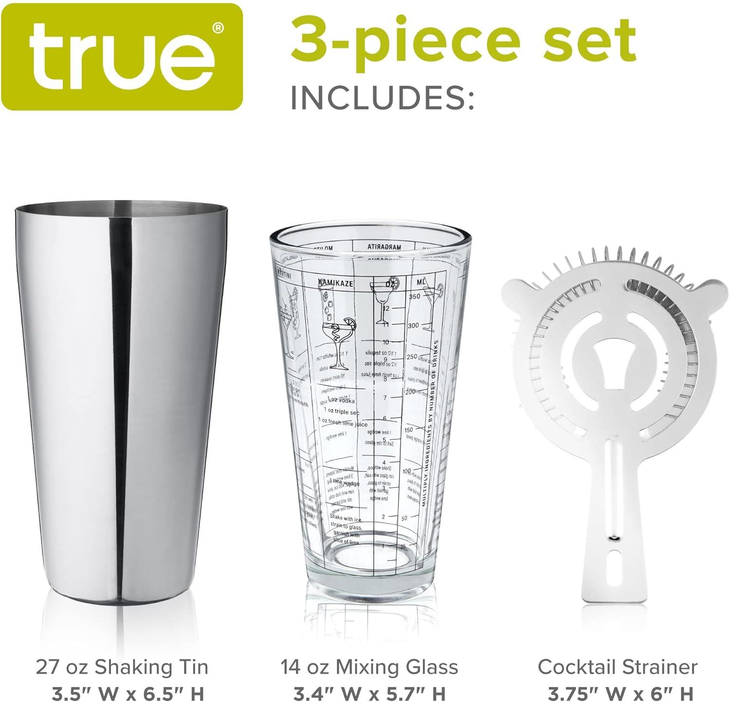 True 3-Piece Barware Set with 7 Cocktail Recipes and Measurements Printed on Mixing Glass, Glass and Stainless Steel, Multicolor