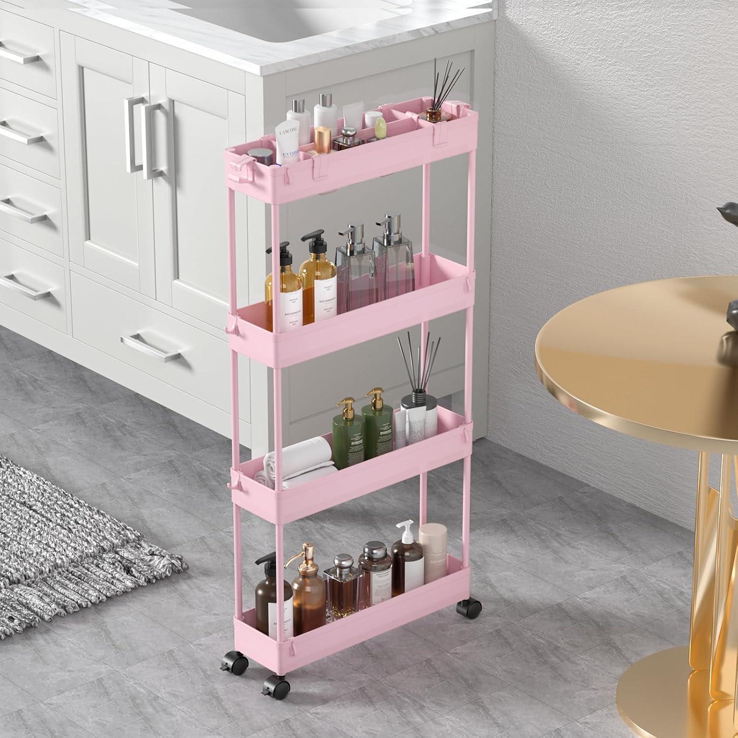 Slim Rolling Storage Cart 4 Tier Bathroom Organizer Utility Cart Mobile Shelving Unit Tower Rack for Kitchen, Laundry Room, Bathroom, Narrow Places, Pink