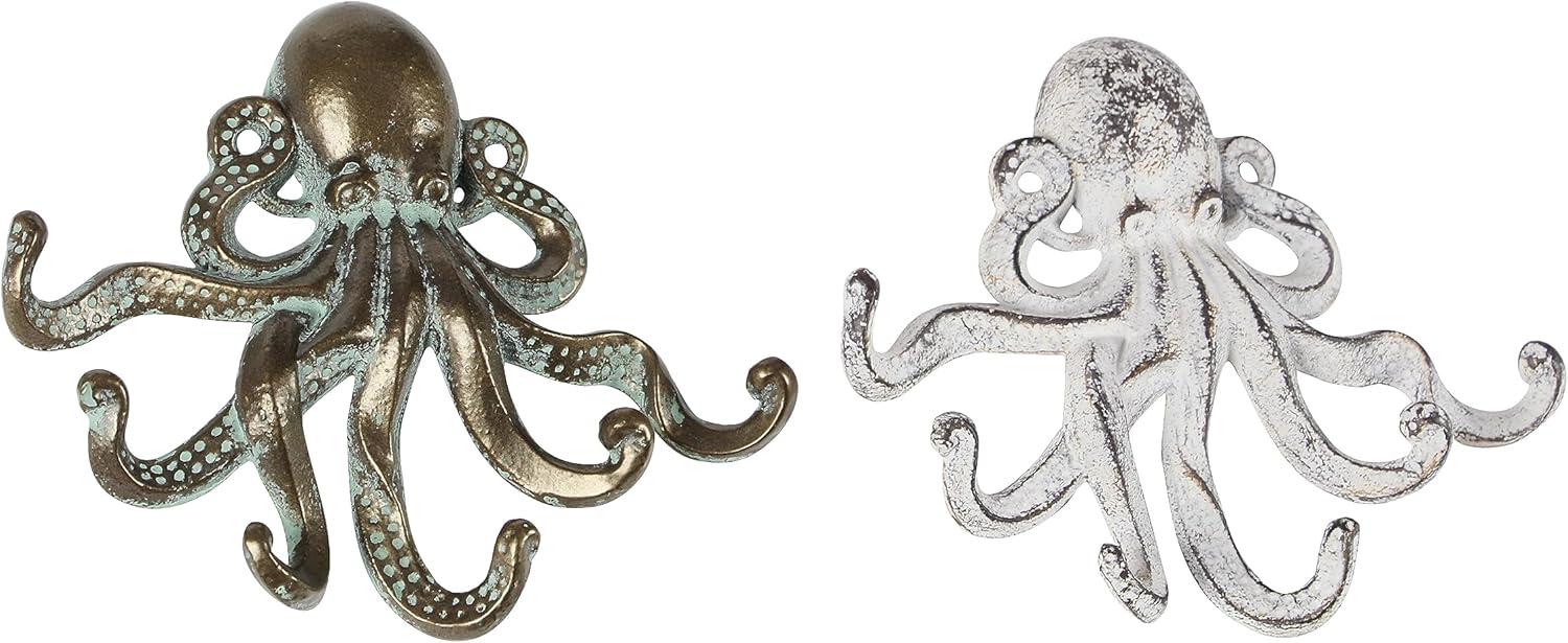 Bronze and White Nautical Octopus Wall Hooks, Set of 2