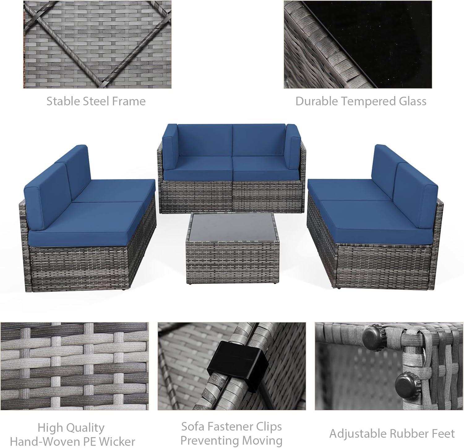 U-MAX 7 Piece Outdoor Patio Furniture Set, PE Rattan Outdoor Wicker Sectional Furniture Chair Set with Cushions and Tea Table, Grey Rattan and Navy Cushion