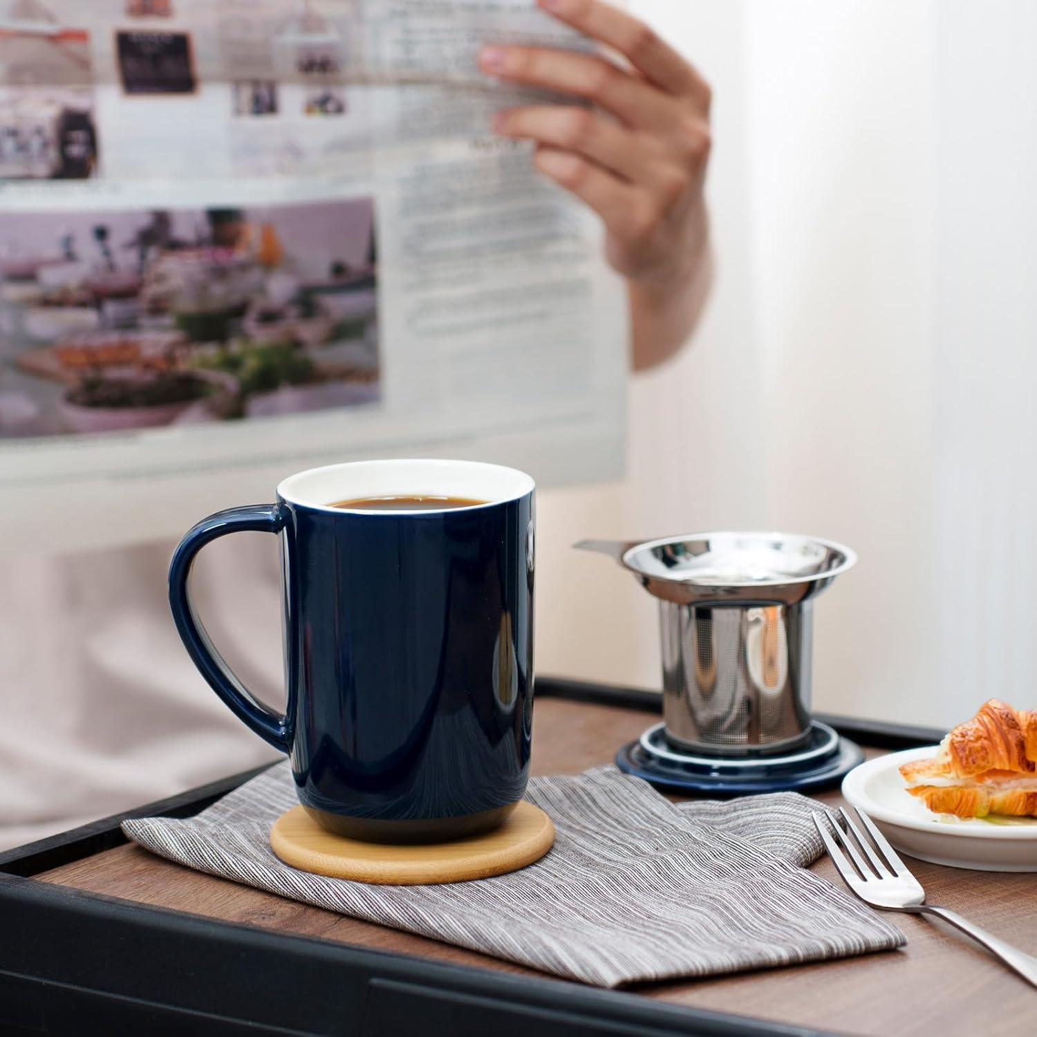 Navy Blue Ceramic Tea Mug with Bamboo Coaster and Lid