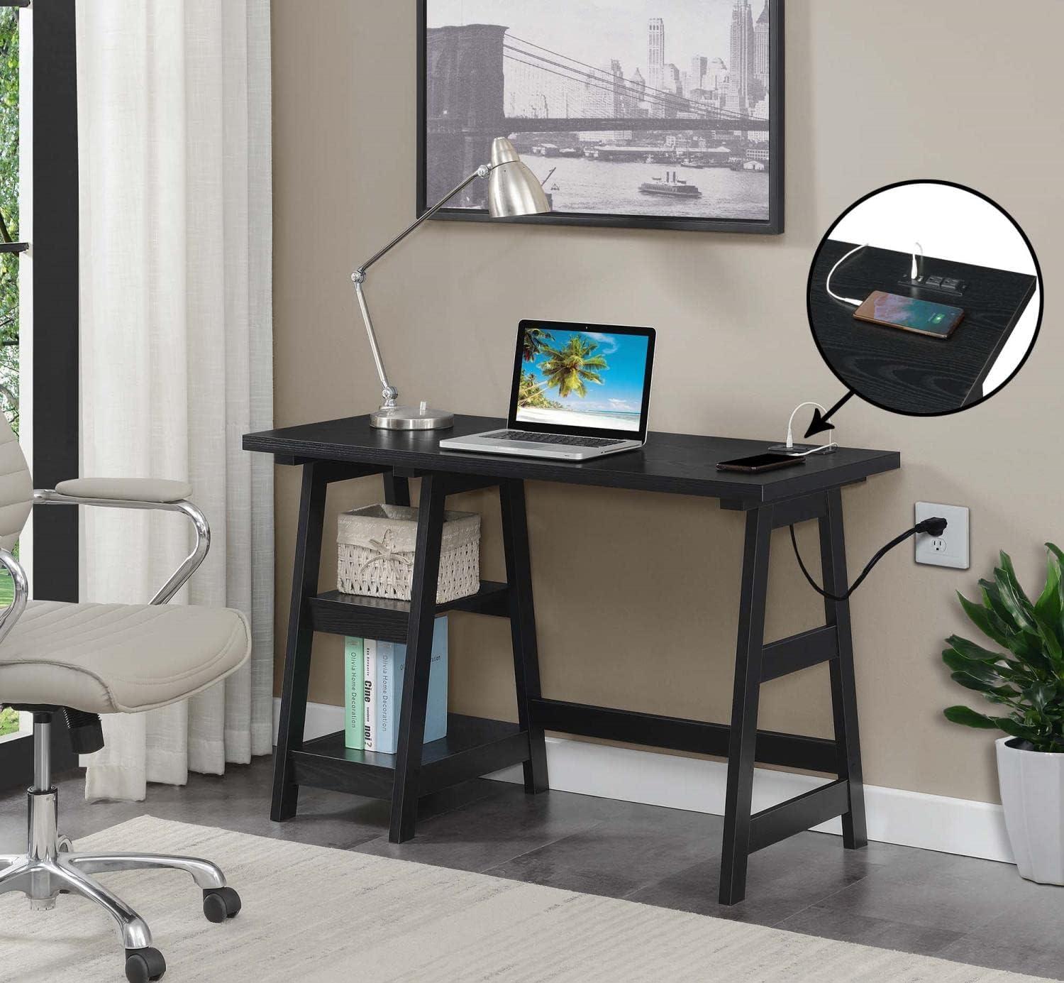 Modern Black Wood Desk with USB Charging Station, 47" Length