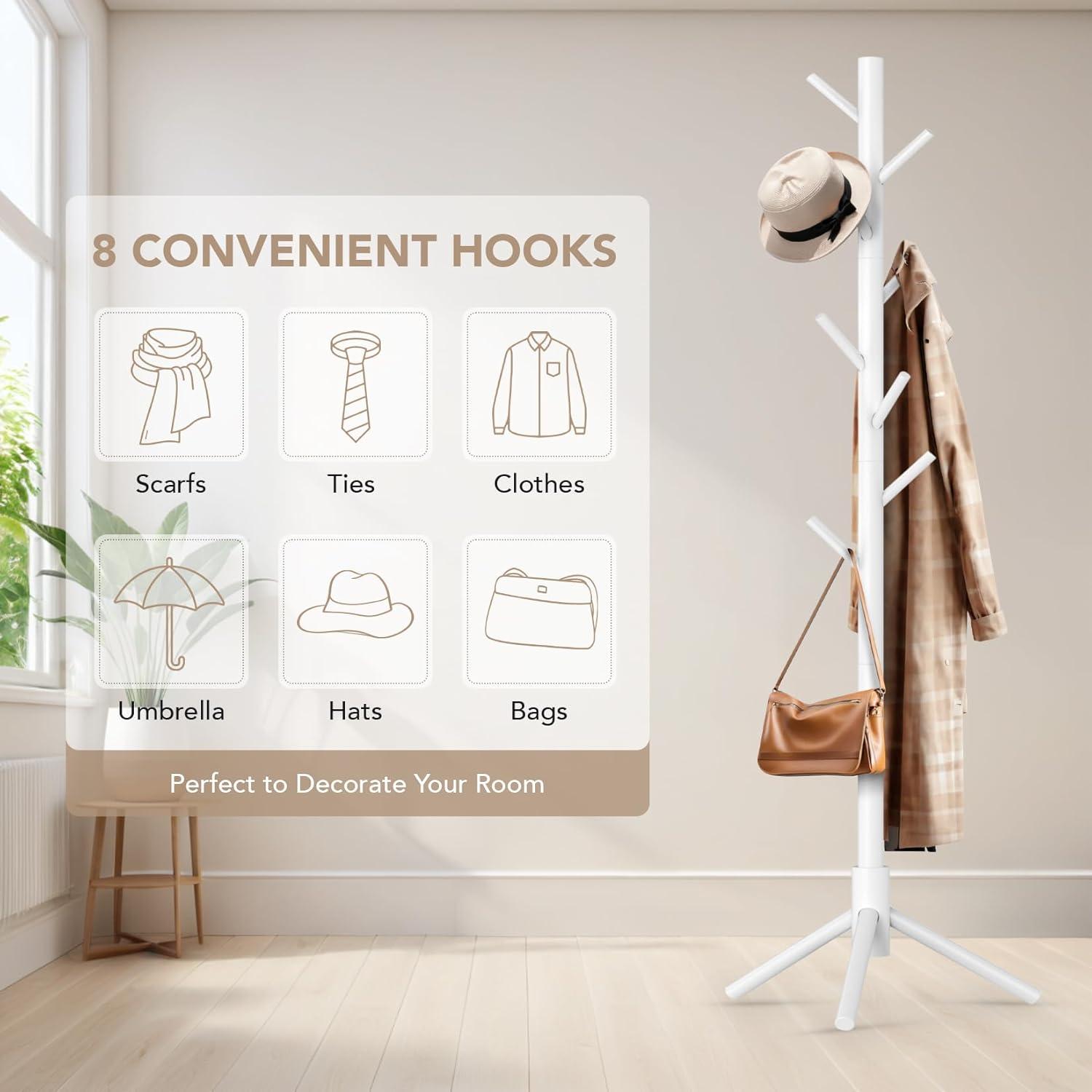 White Adjustable Height Wooden Tree Coat Rack Stand