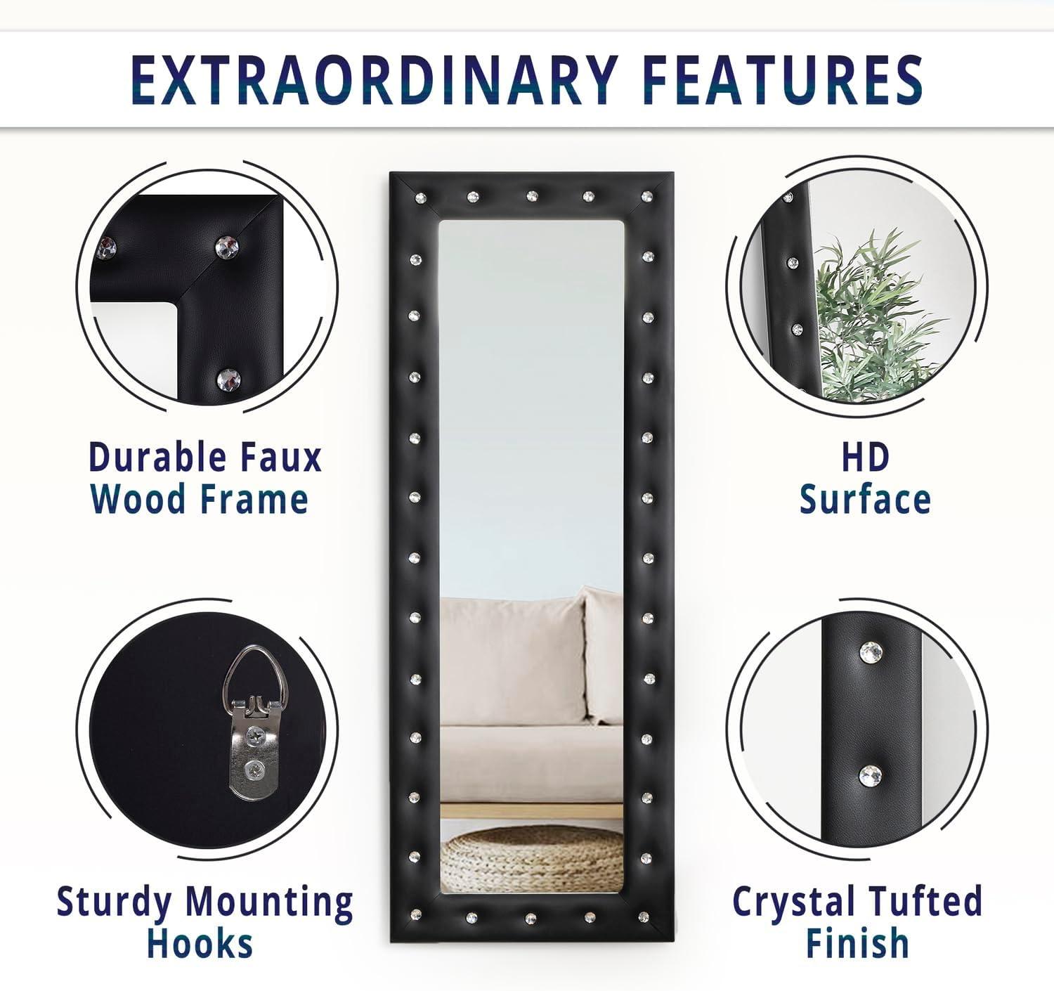 Crystal tufted Full length Mirror, Floor Mirror, Full Body Mirror for Home, Wall Mirror with Faux Wood Frame, 63"LX22"W Large Mirror for Bedroom, Leaner Mirror, Black Mirrors for Wall,