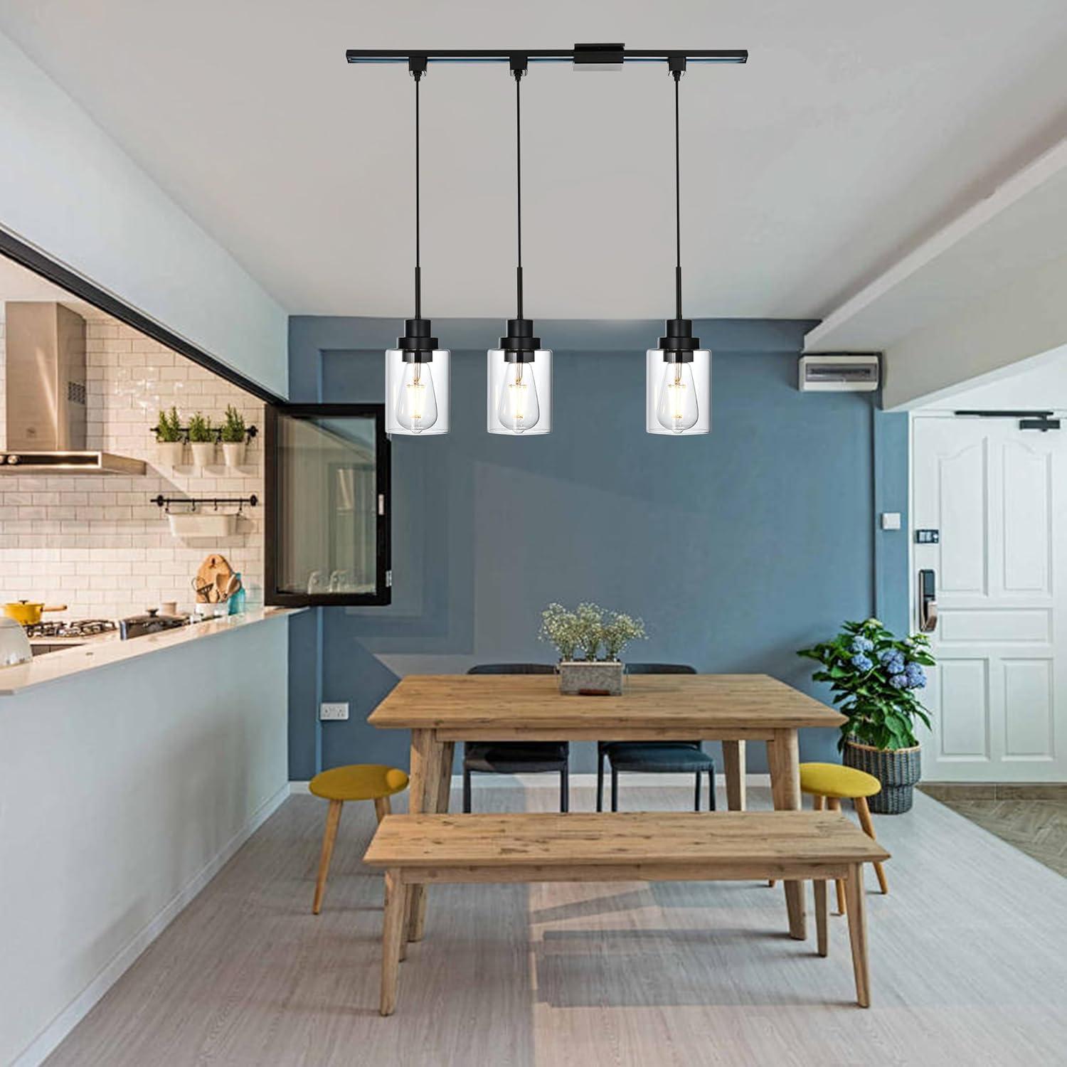 3-Pack H Type Track Lighting Pendants, Ceiling Track Hanging Light Fixture with Hand-Woven Rattan Shade, H-Type Tracking Boho Pendant Lighting Fixtures for Kitchen Island Dining Room, E26 Base