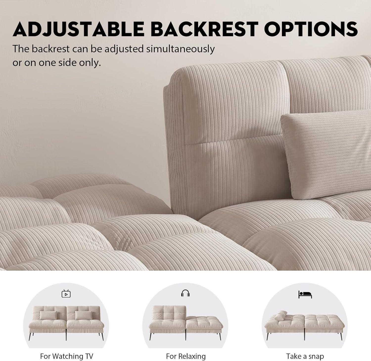 COMHOMA Convertible Futon Sofa Bed, Corduroy Velvet Futon Couch, Sleeper Sofa, Cream