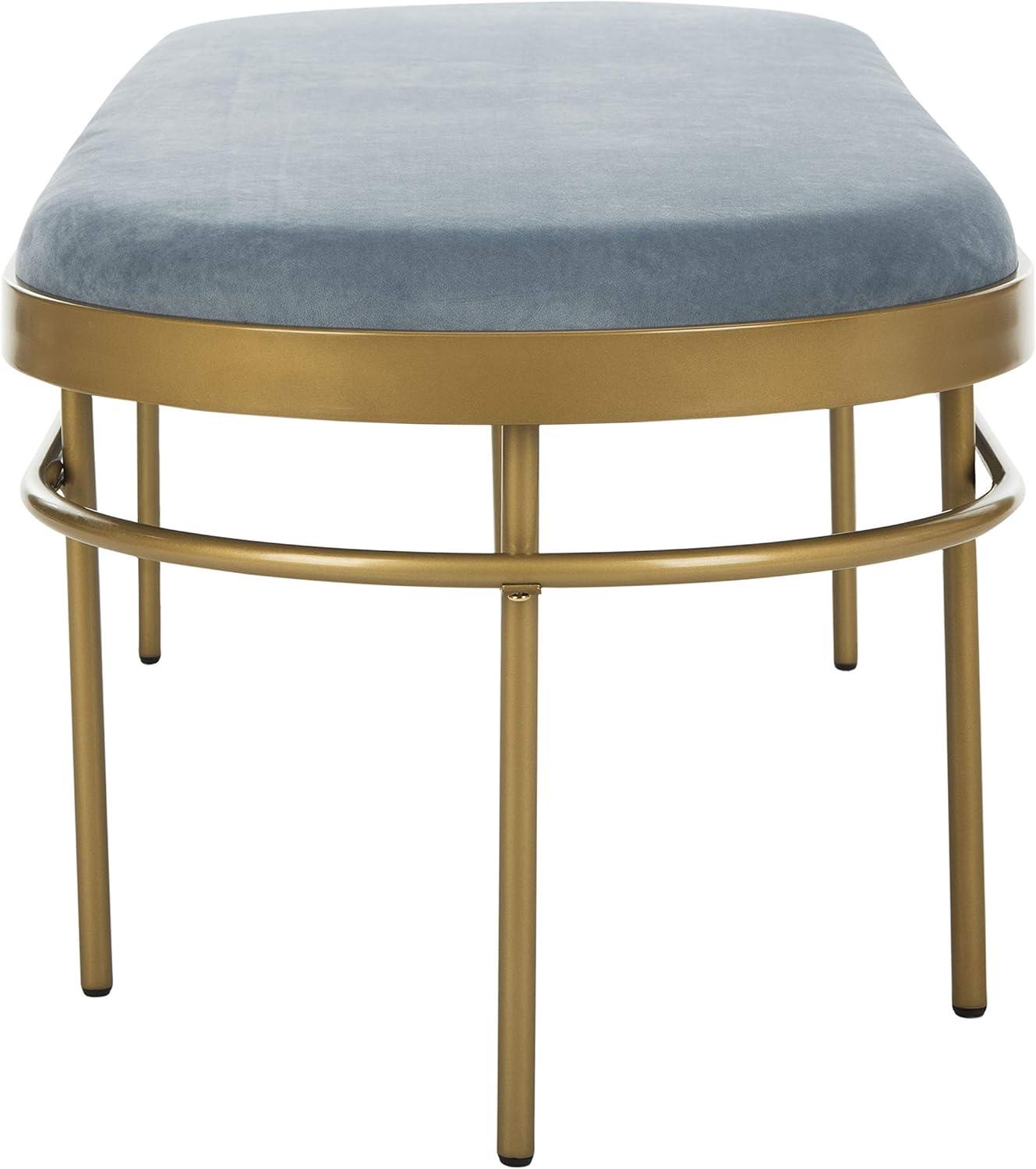 63'' Luxe Transitional Slate Blue Velvet and Gold Oval Bench