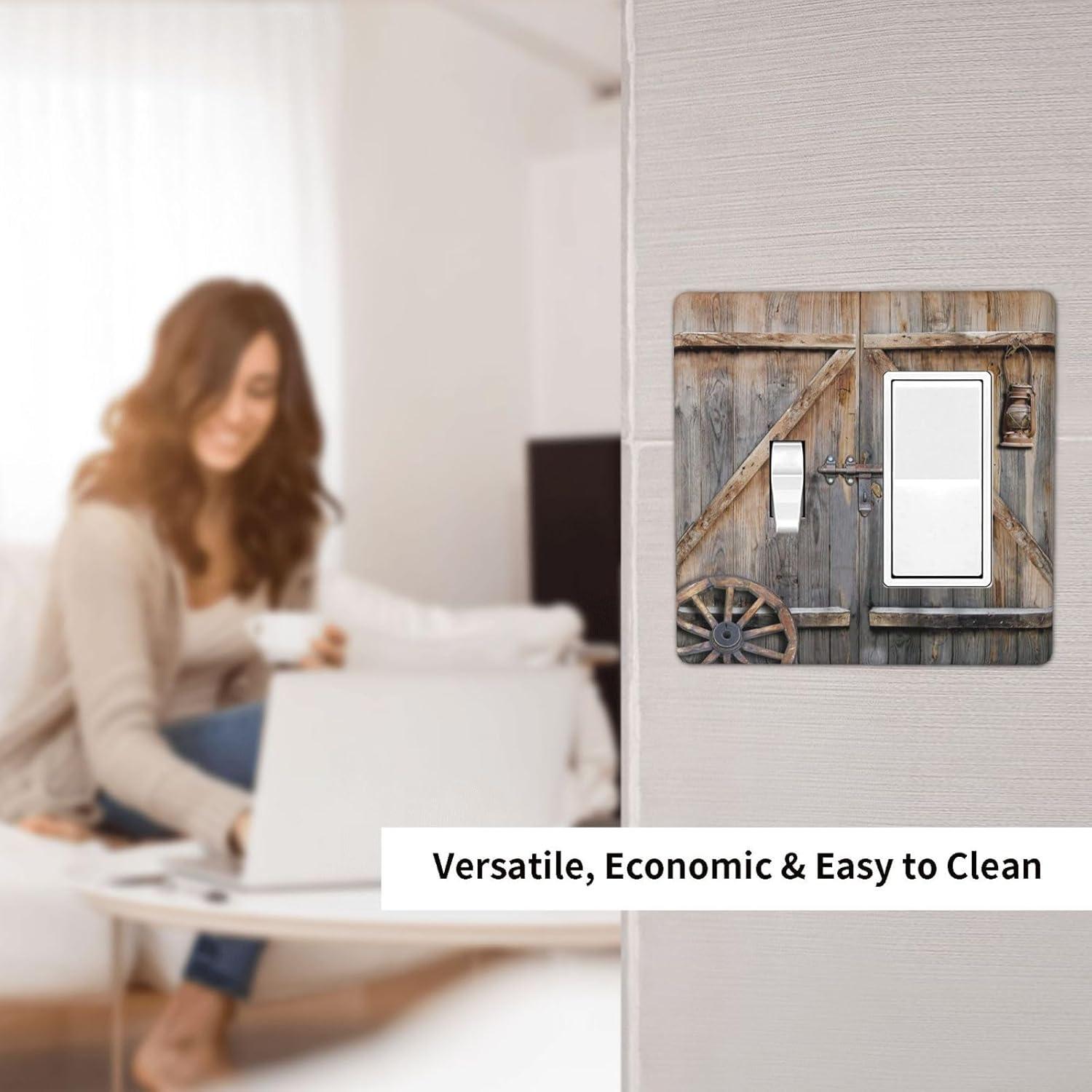 Wood Garage Barn Door Cabin 2 Gang Single Toggle/Rocker Combination Light Switch Cover Decorative Wall Plate Cover Electrical Faceplate Art Decor