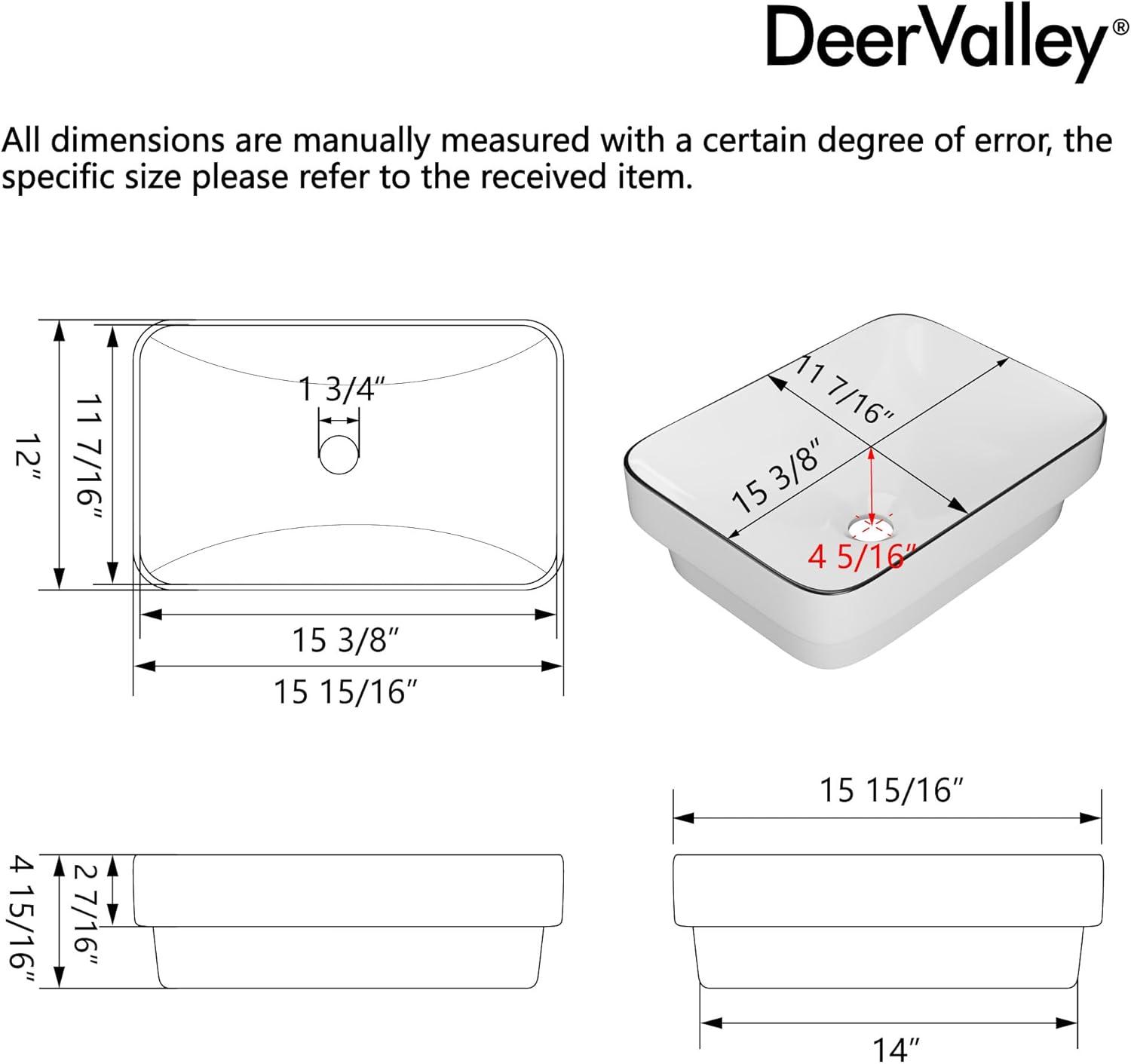DeerValley Ace 15'' White/Black Square Ceramic Vessel Bathroom Sink