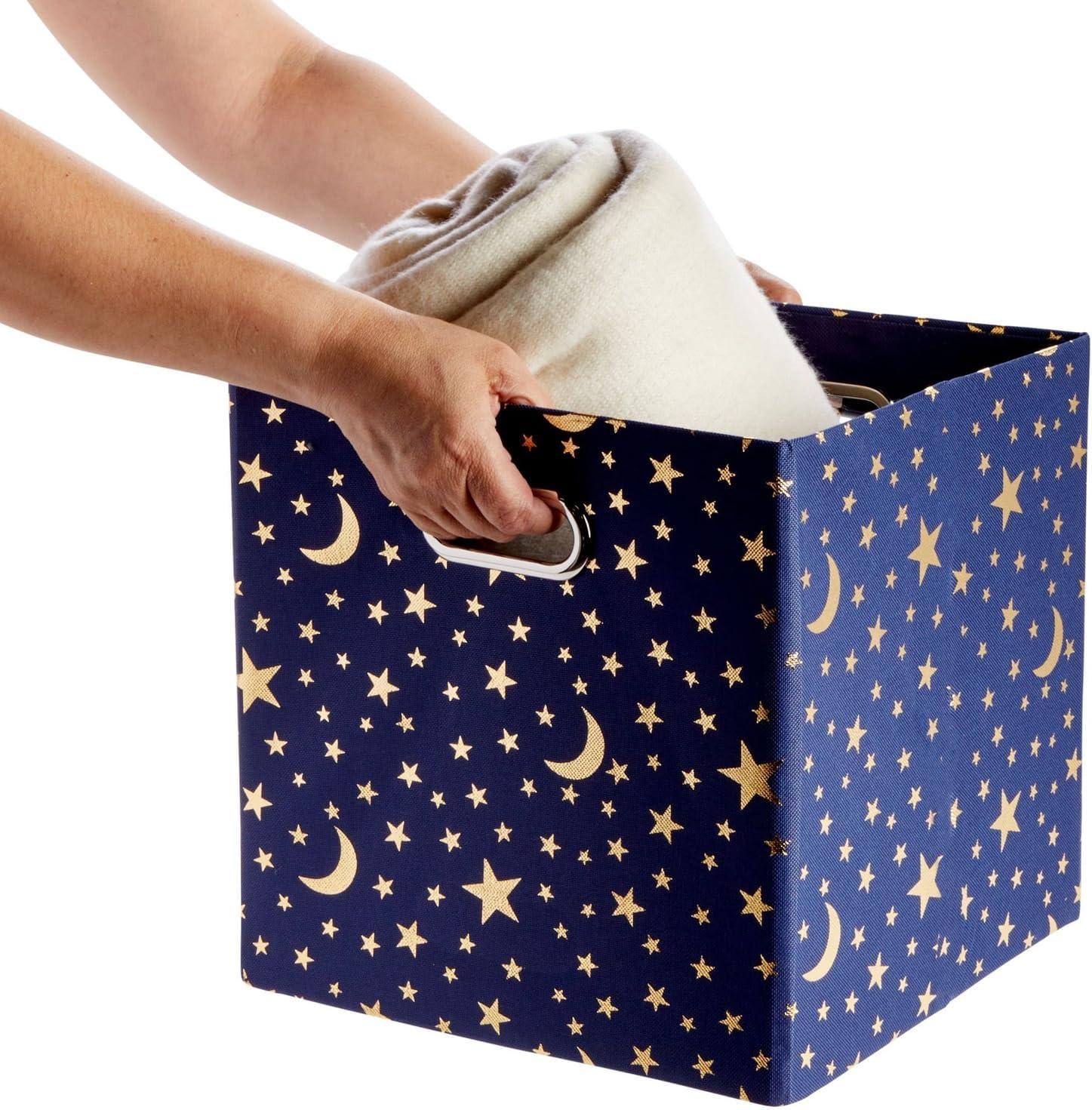 Okuna Outpost 4 Pack Star Storage Cubes, Collapsible Foldable Fabric Organizer Baskets for Clothes, Toys, Gold Moons and Stars, 11 In