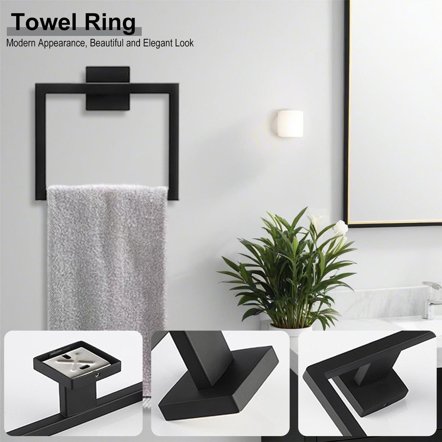 Black Towel Bar Set 5-Piece Bathroom Hardware Set,Square SUS304 Stainless Steel - 23.6 Inch Wall Mounted Towel Rack,Toilet Paper Holder,Towel Ring and Towel Hook