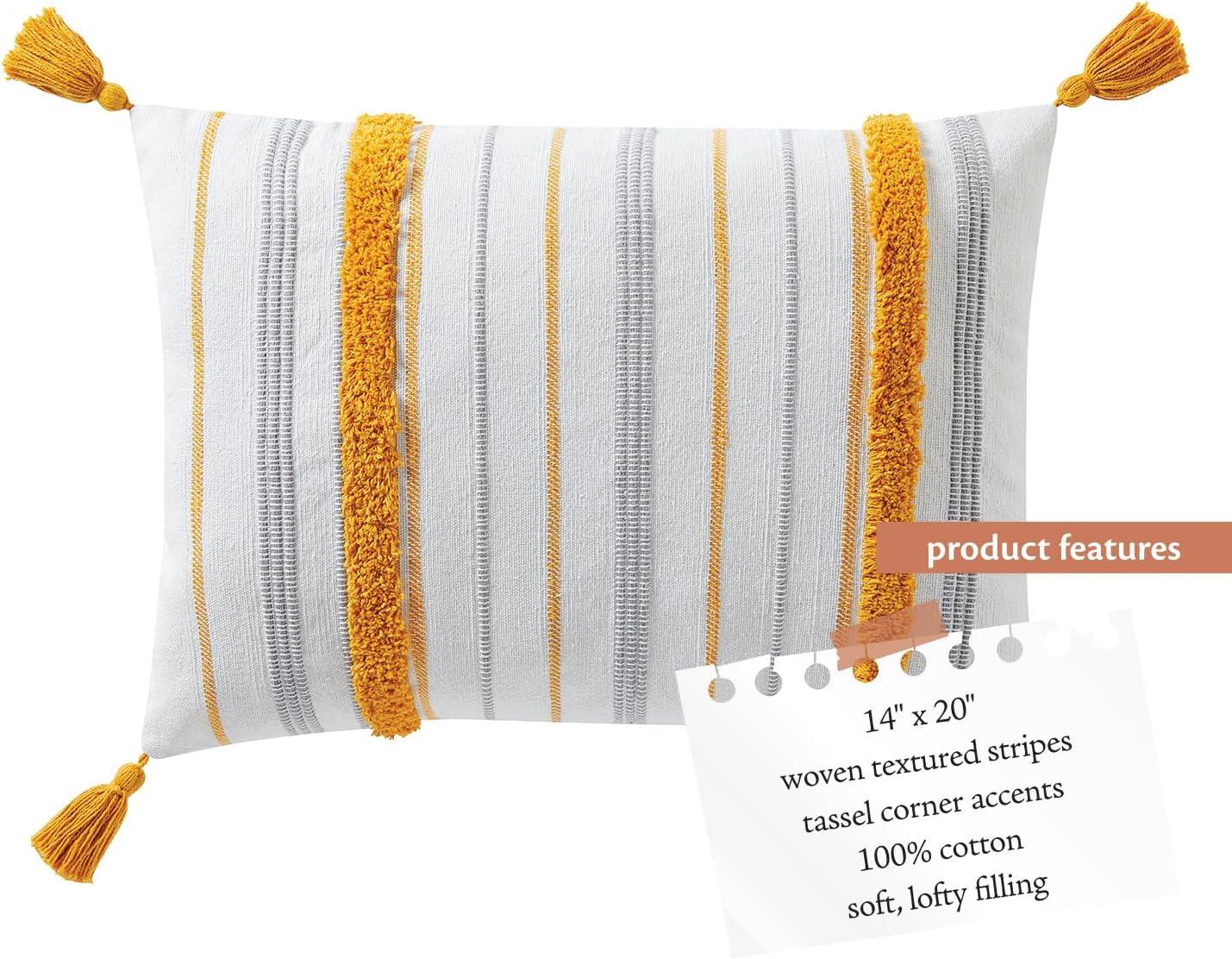 VCNY 14"x20" Oversize Tufted Boho Striped Cotton Lumbar Throw Pillow Gray: Yellow Accents, Tassels, Indoor Use