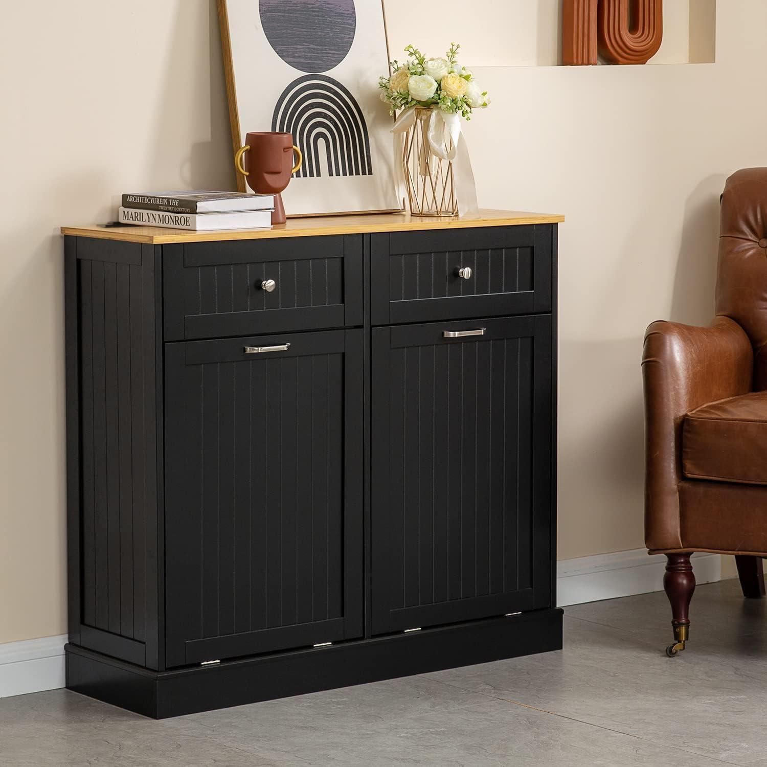 Black Double Tilt Out Trash Cabinet with Countertop and Drawer