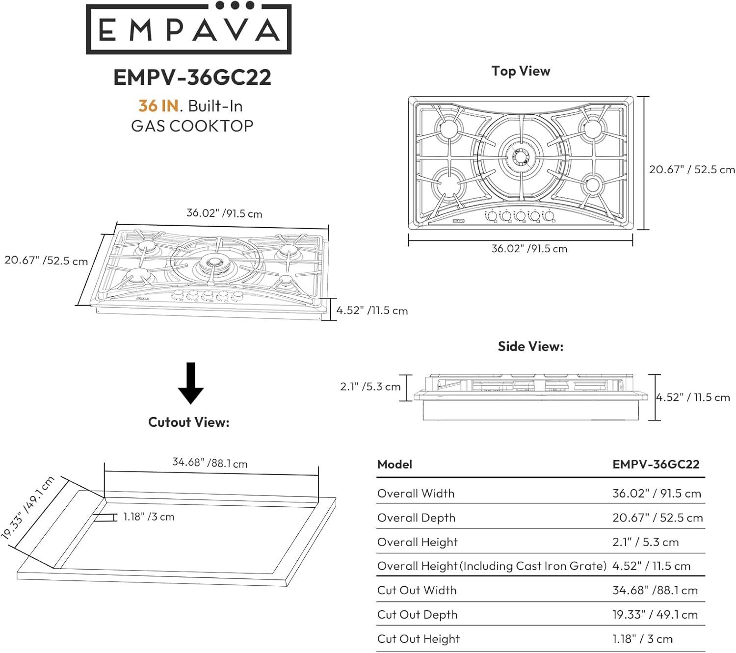 Empava 36" Stainless Steel 5 Burner Cooktop