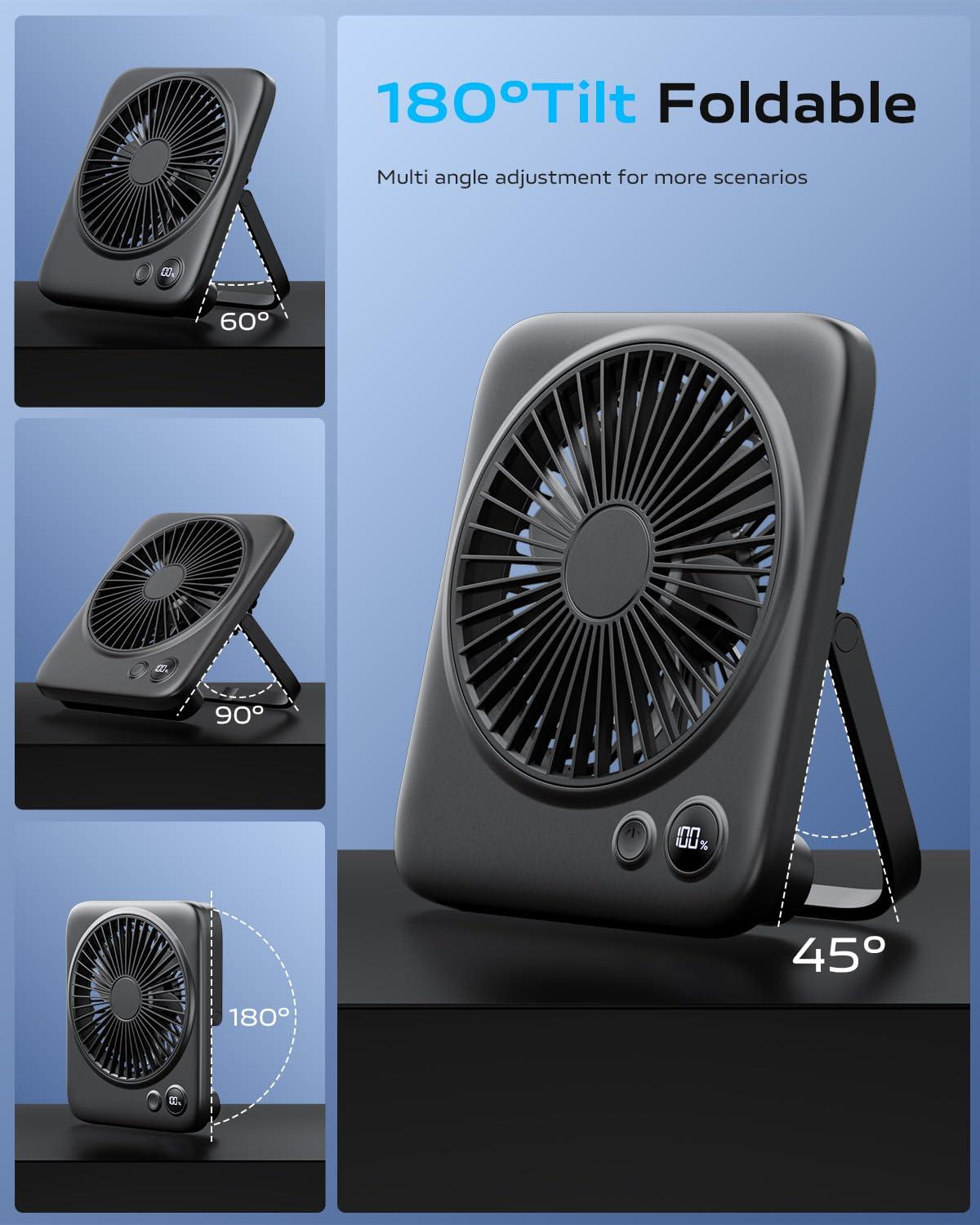 Black Slim Foldable Battery-Powered Desk Fan with USB Charging