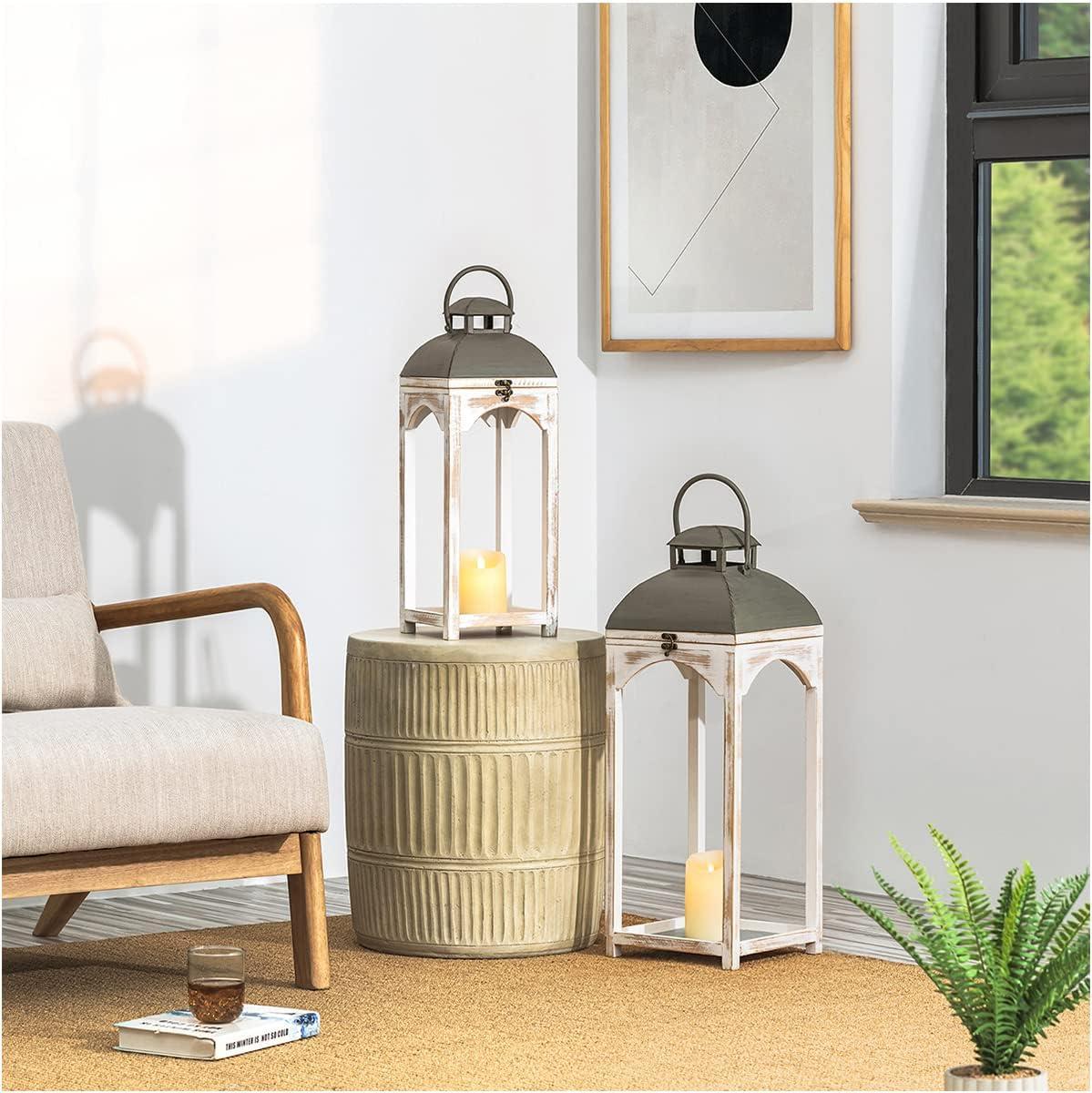 Farmhouse Wood Metal Lanterns Decorative Hanging Candle Lanterns White Set of 2 (No Glass)