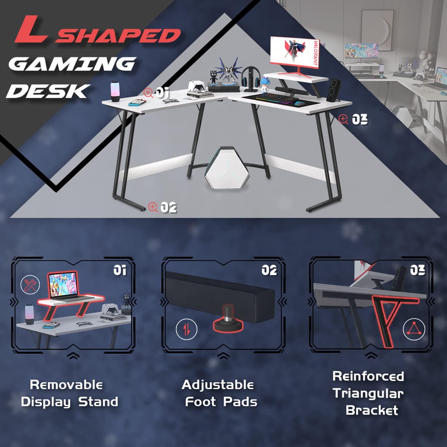 CL.HPAHKL L Shaped Desk Corner Gaming Desk Table with Large Monitor Riser Stand Computer Desk with Large Desktop Studying and Working and Gaming for Home and Work Place（ White 51 Inch ）