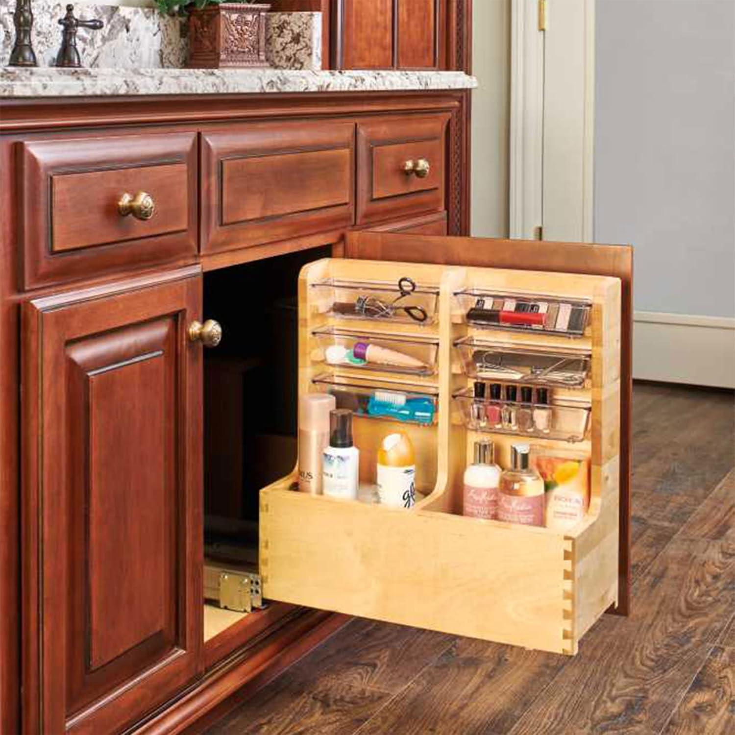 Rev-A-Shelf Floor Mount L Shaped Wood Sink Vanity Cabinet Base Storage Organizer with Soft Close Slides and Bins