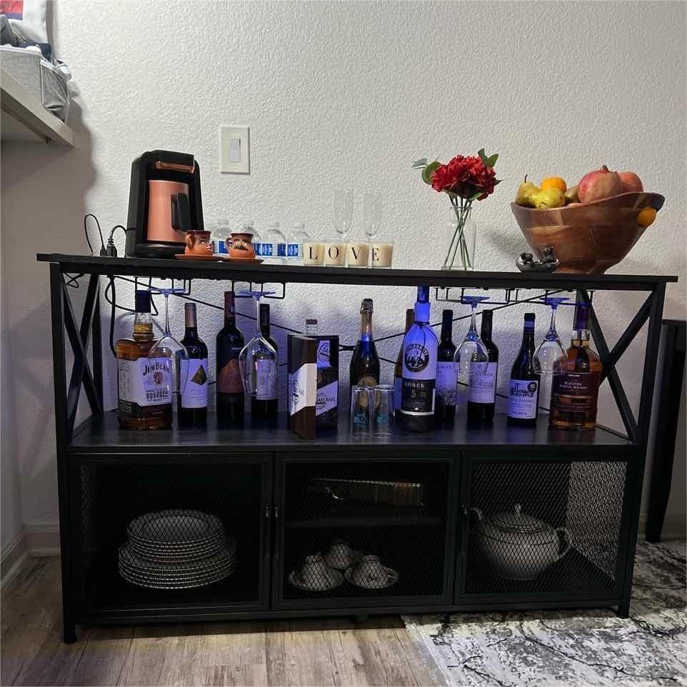 YITAHOME 55" Coffee Bar Cabinet with LED lights Power Outlets, Industrial Wine Bar Cabinet Home Bar Table with Wine Rack Storage Sideboard Buffet Cabinet for Living Room Kitchen Dining Room