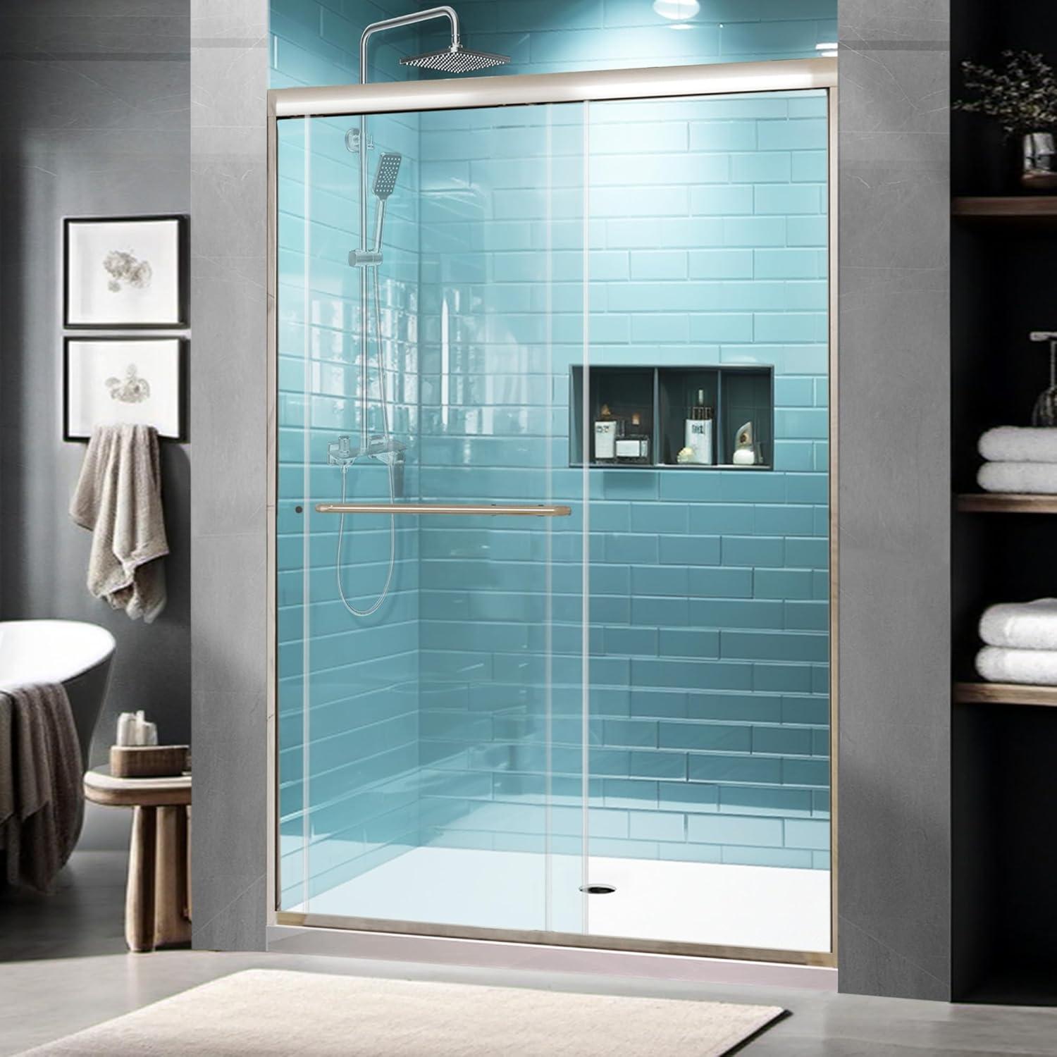 Brushed Nickel Semi-Frameless Sliding Shower Door with Clear Glass