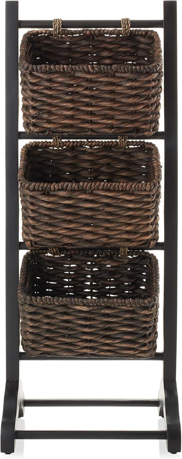 Casafield 3-Tier Floor Stand with Hanging Storage Baskets, Black/Espresso - Wood Tower Rack for Bathroom, Kitchen, Laundry, Living Room