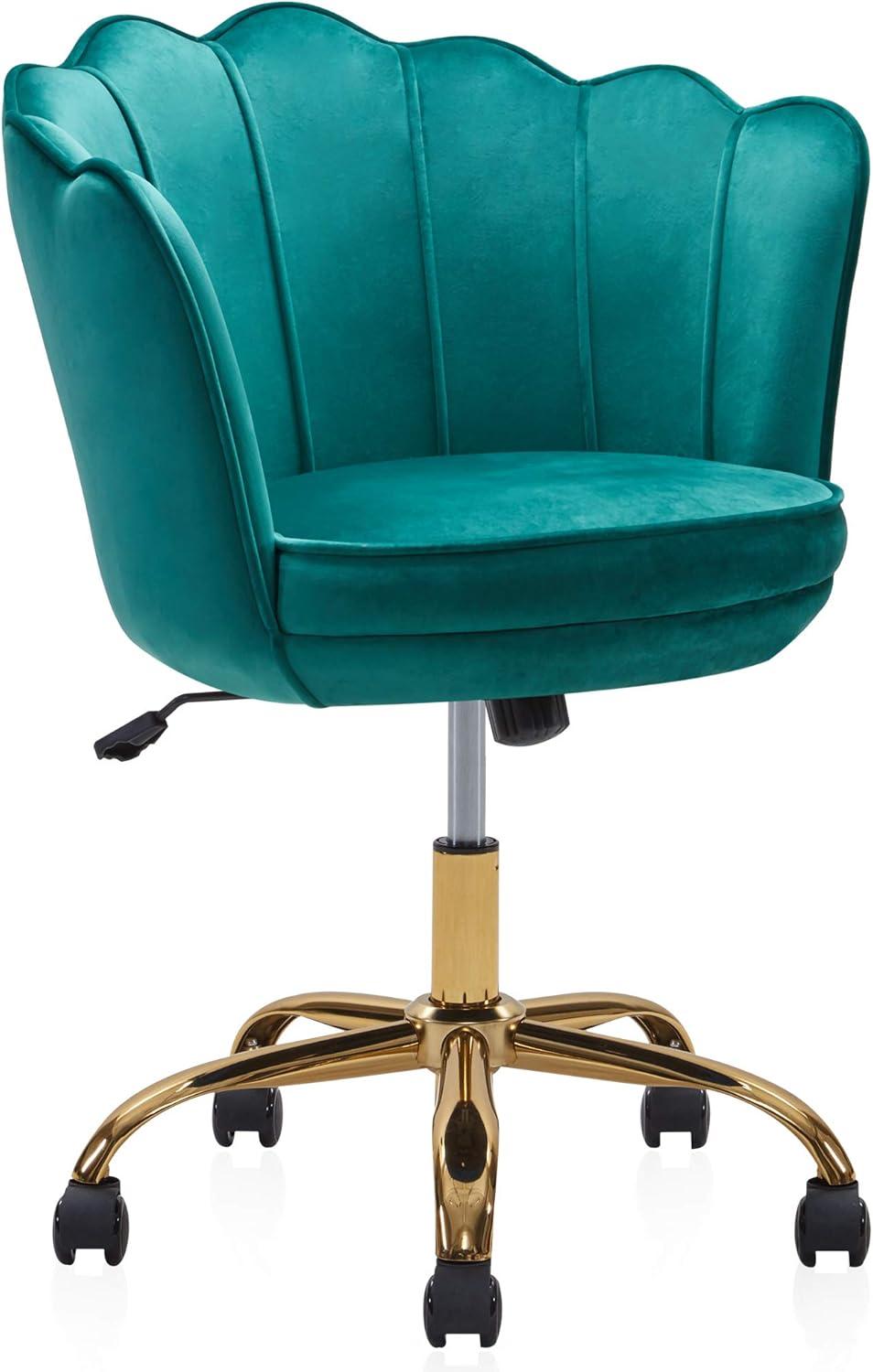 BELLEZE Kaylee Office Chair Upholstered Velvet Seashell Swivel Desk Chair Task Chair Height Adjustable Golden Leg, Green