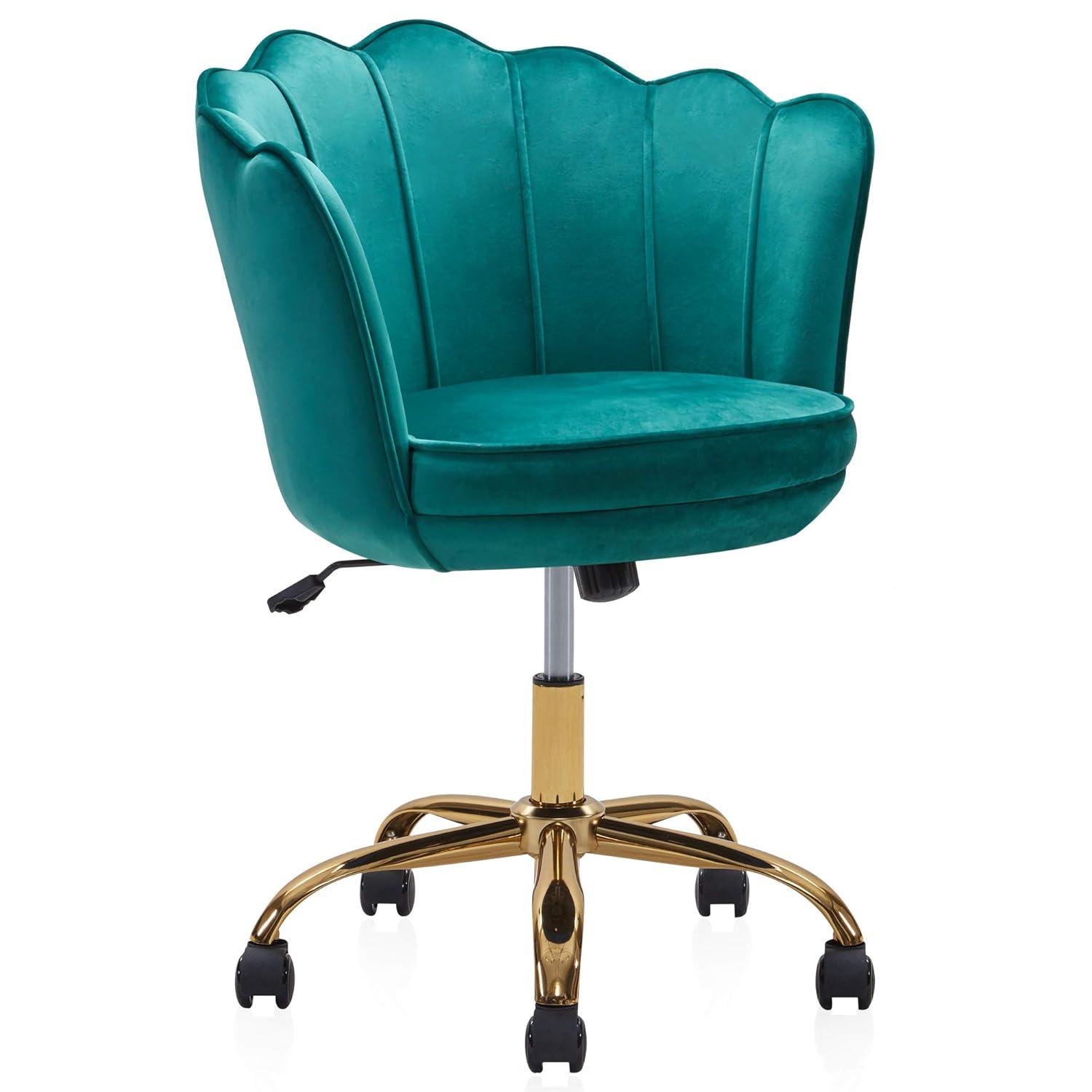 BELLEZE Kaylee Office Chair Upholstered Velvet Seashell Swivel Desk Chair Task Chair Height Adjustable Golden Leg, Green